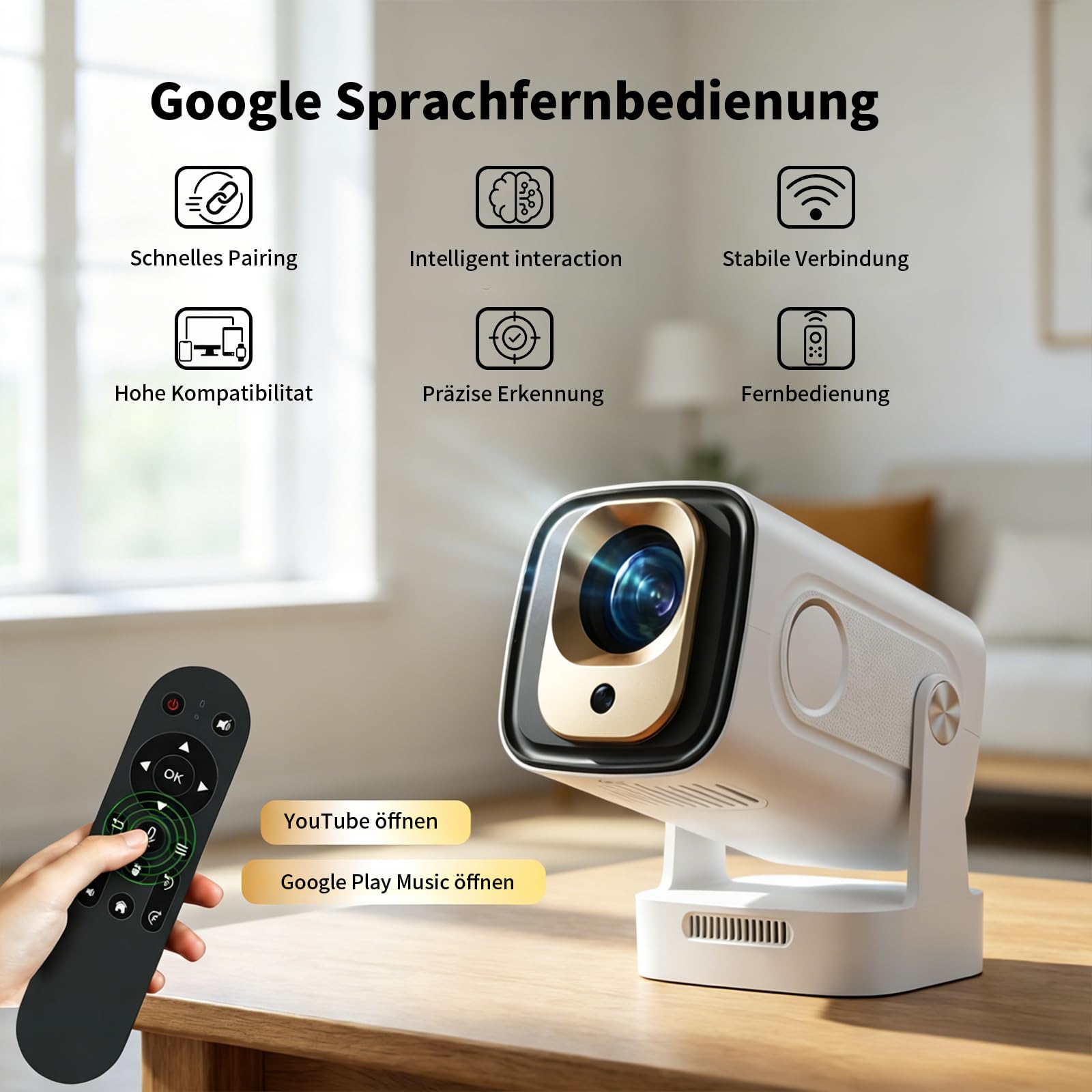 Mini Beamer 4K 1080P Unterstützt, Smart Projector WiFi 6 BT 5.4,Mini Projektor Automatische Trapezialkorrektur,Tragbarer Projektor für Zuhause und draußen,Beamer für HDMI/TV Stick/USB/Laptop,Weiß