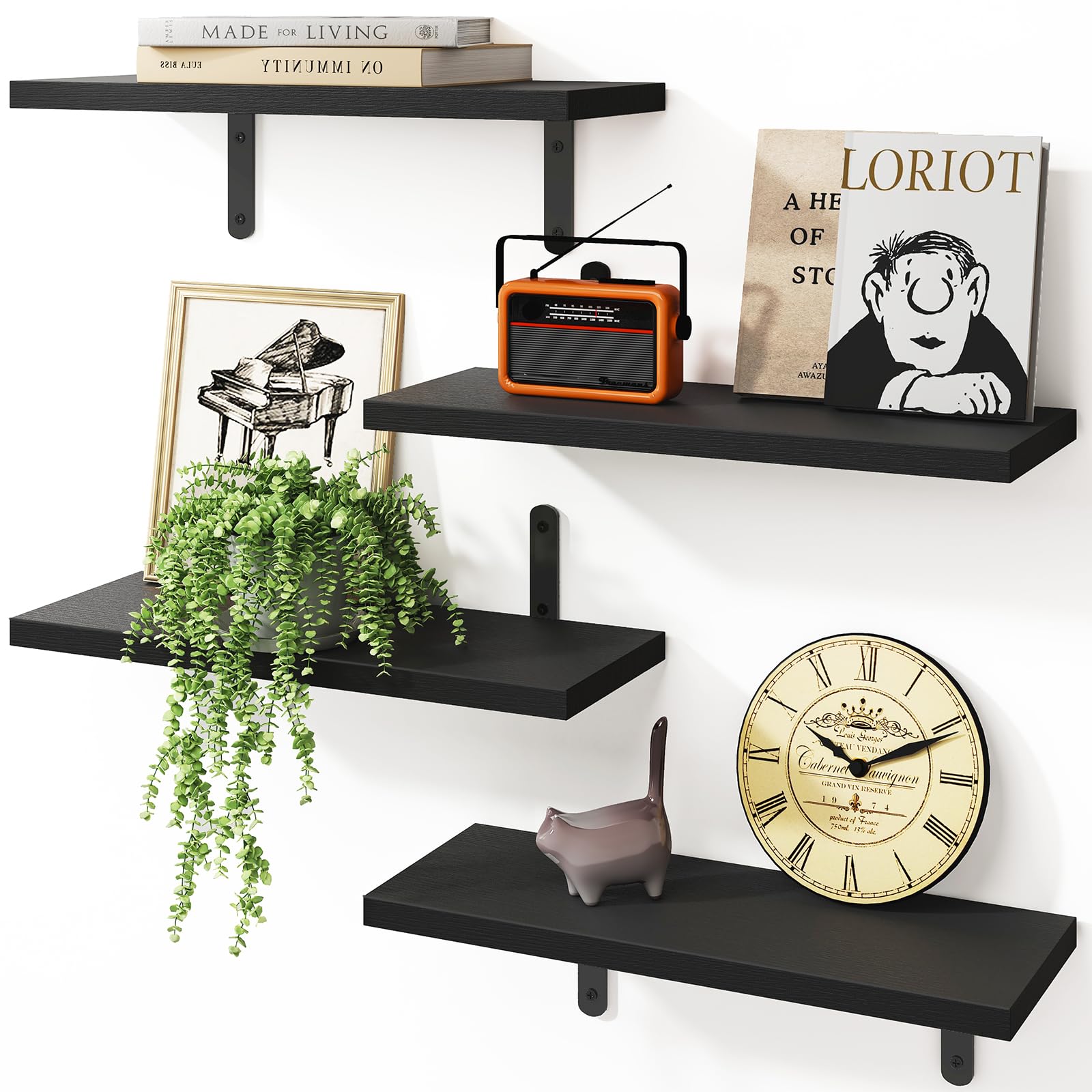 Fixwal Floating Shelves - 4 Set Farmhouse Wood Wall Mounted Shelves for Bedroom & Bathroom Storage, Book Shelf - Black
