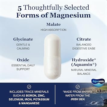Spectrum 5 Magnesium Complex for Women & Men 5 Magnesium Complex Supplement with Glycinate, Malate, Citrate & Hydroxide for Sleep, Muscle Recovery & Calm 500mg Vegan 60 Capsules