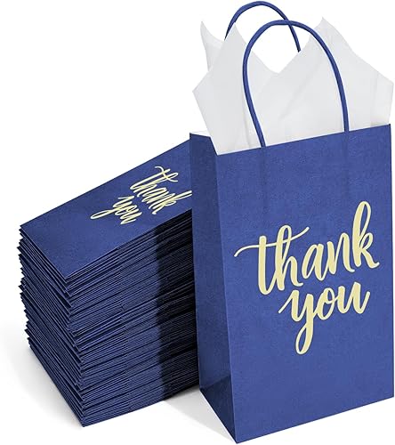 DjinnGlory Paquete de 100 pequeñas bolsas de regalo de papel de agradecimiento azul marino con asas de 9 x 5.5 x 3.15 pulgadas para compras,
