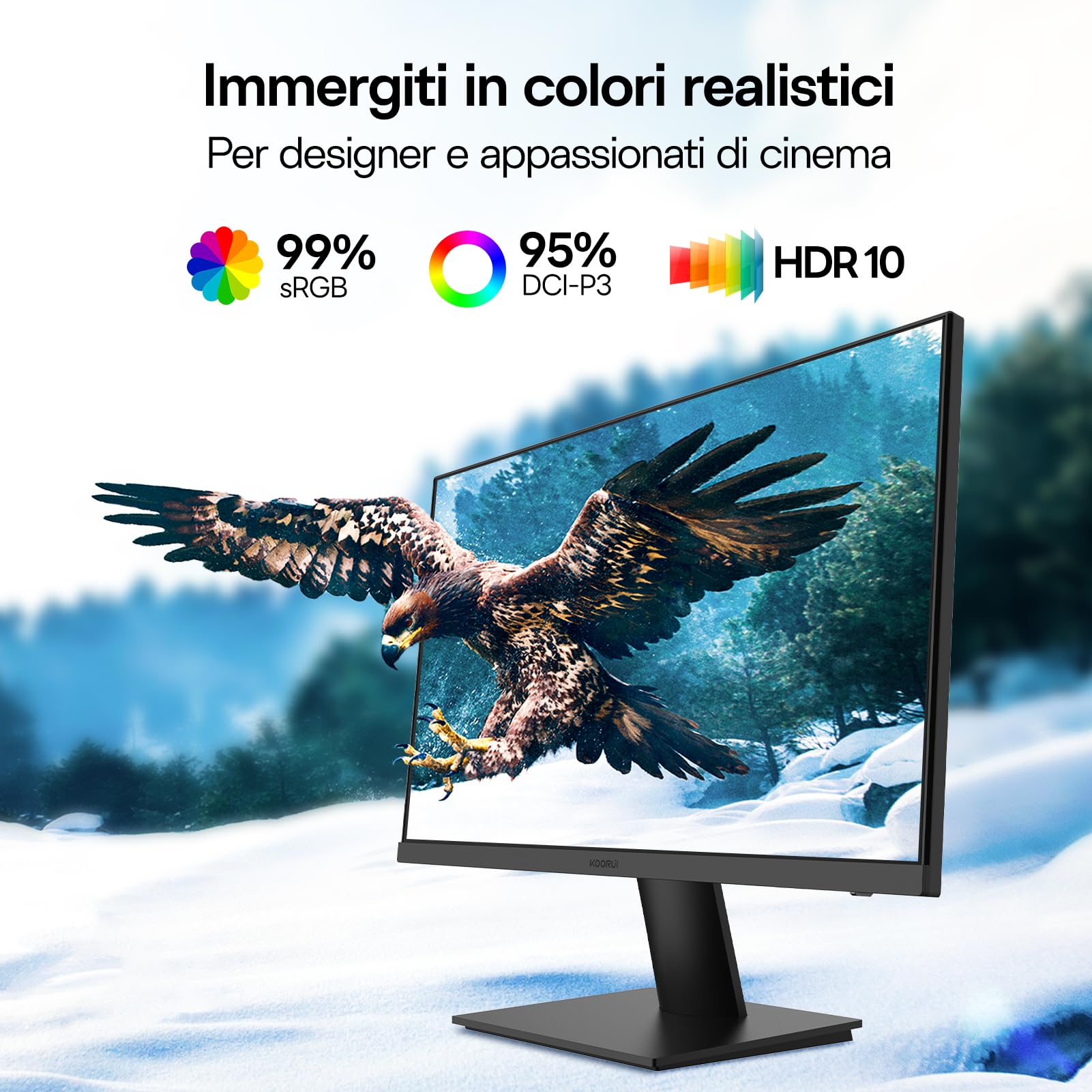KOORUI Monitor 32 Pollici 4K, UHD 3840×2160, VA, 60Hz, Speaker integrati | 3ms, DCI-P3 95%, HDR10, Adaptive Sync, 2× HDMI 2.0 & DP 1.4, VESA 100×100