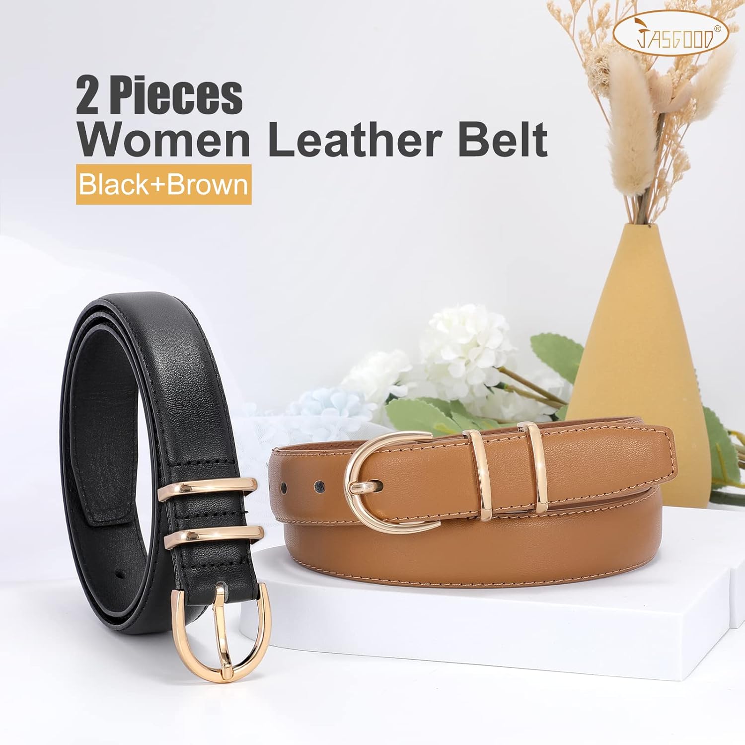 JASGOOD 2 Pack Women Leather Belt for Jeans Ladies Belts for Dresses Pants Plus Size Work Belt with Gold Buckle - Image 5