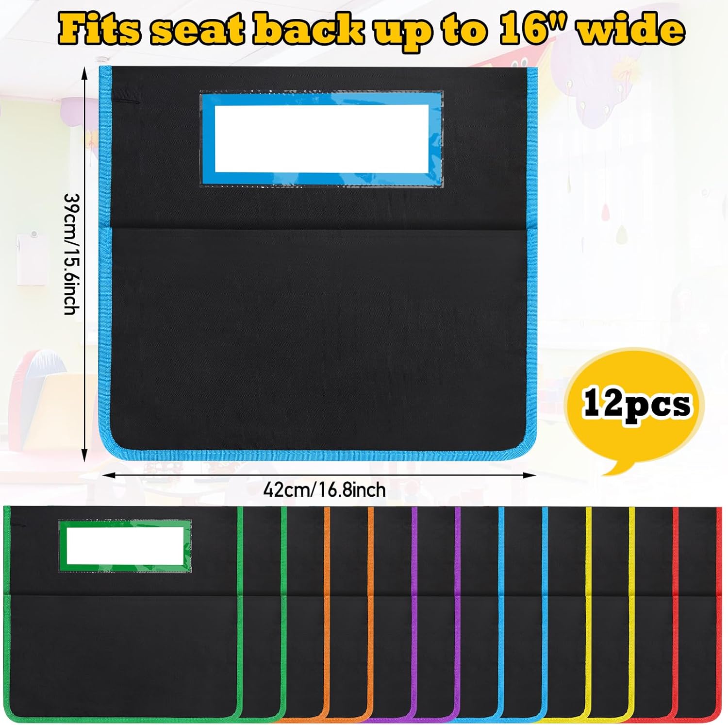 AZKAQA Chair Pockets for Classroom 15.6x16.8 Inch - 12 Pack Chairback Buddy Pocket Chart Seat Back Organizer Student Storage with Lable Slot for Classroom Kindergarten School Home (Multicolors)