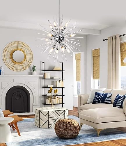 Miniatura 5 de Candelabros modernos Sputnik de 12 luces cromadas colgantes de fuegos artificiales, lámpara satelital, barra de acrílico transparente para sala de