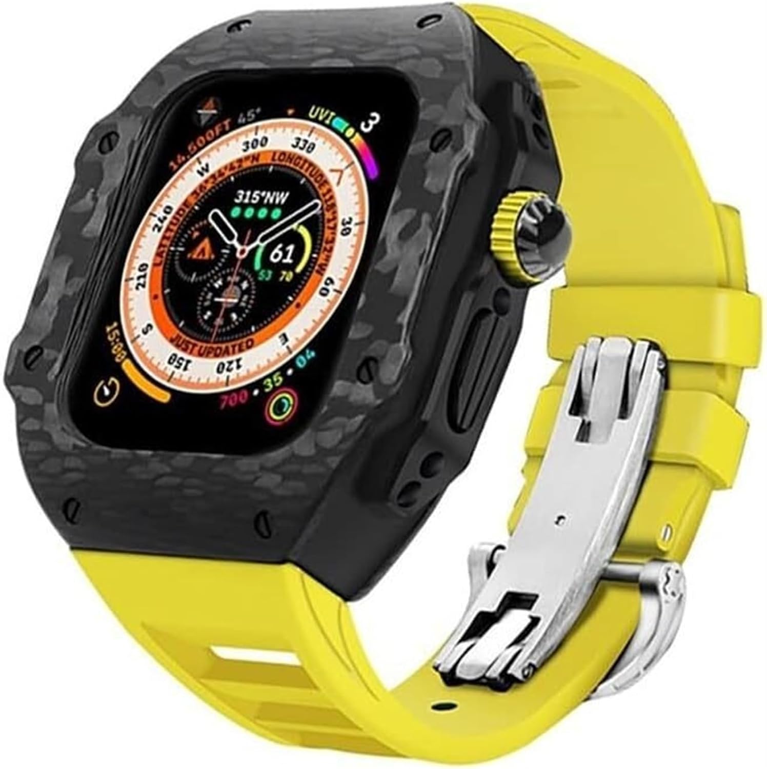 BUDAY Carbon Fiber Case Rubber Strap，For Apple Watch Ultra 8 7 6 5 4 SE, Fluorine Rubber Sport Watch Case Modification Kit，For Iwatch Series 45mm 44mm Replacement Accessories