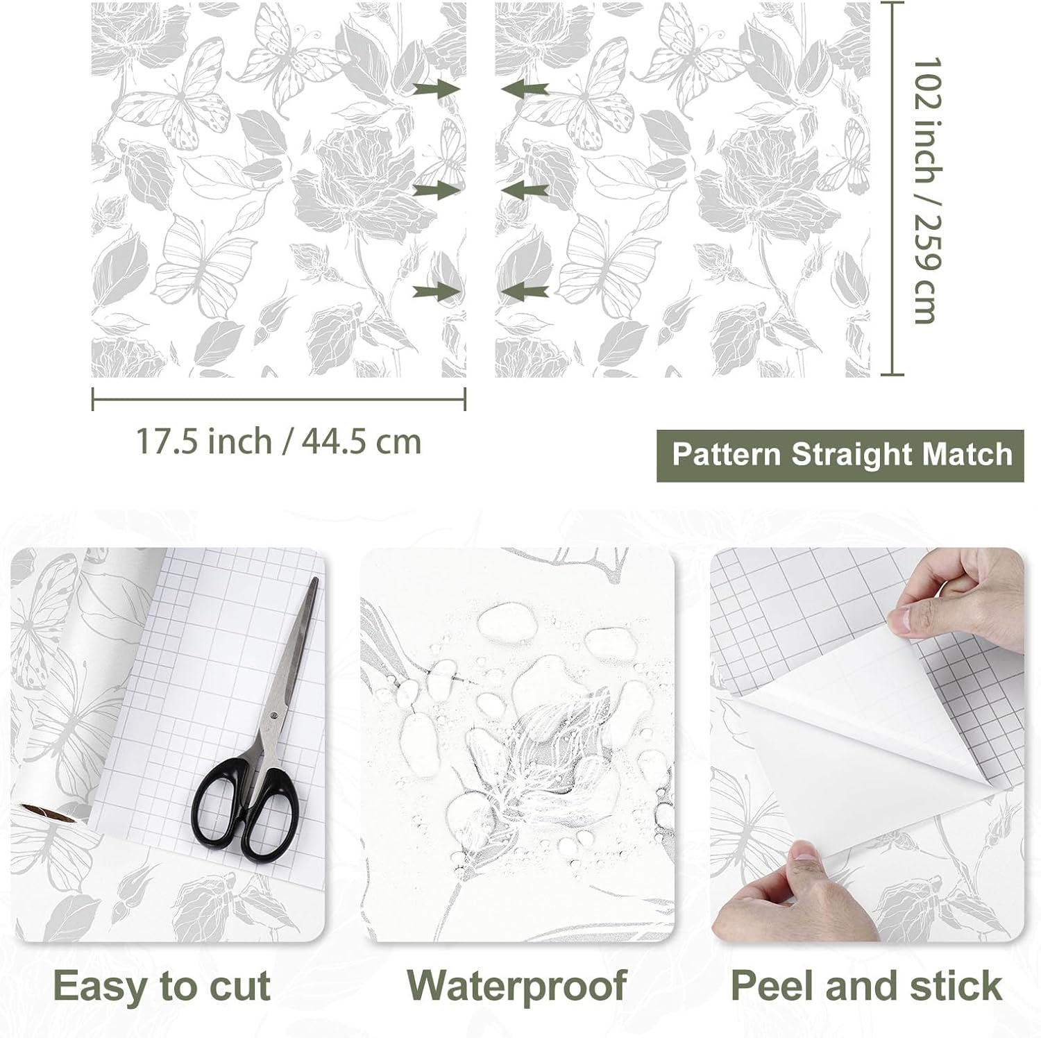 Neutral Floral Peel and Stick Wallpaper Vintage Removable Butterfly Rose Wallpaper for Bedroom Bathroom Accent Walls Waterproof Grey Floral Contact Paper for Cabinets and Drawers 17.5"x102"