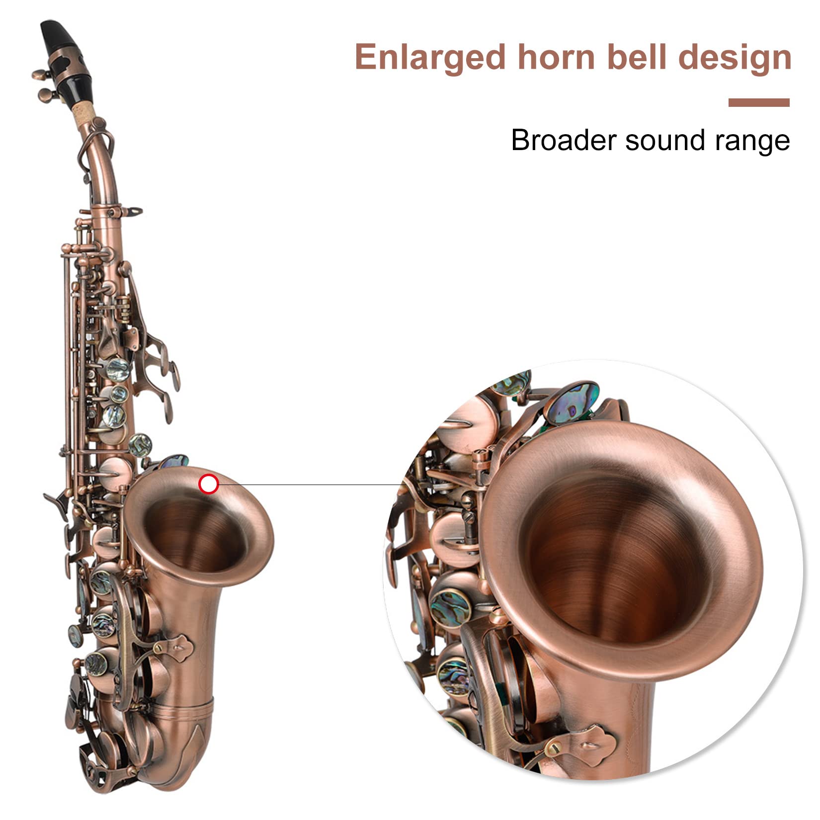 BOTOWI Sassofono Soprano Curvo BB Flat Sax Soprano Sax Full Kit con Custodia per Trasporto, Strumenti a Fiato per Principianti Studenti Intermedi,Incisione Ottone di qualità, Suono Splendidoa