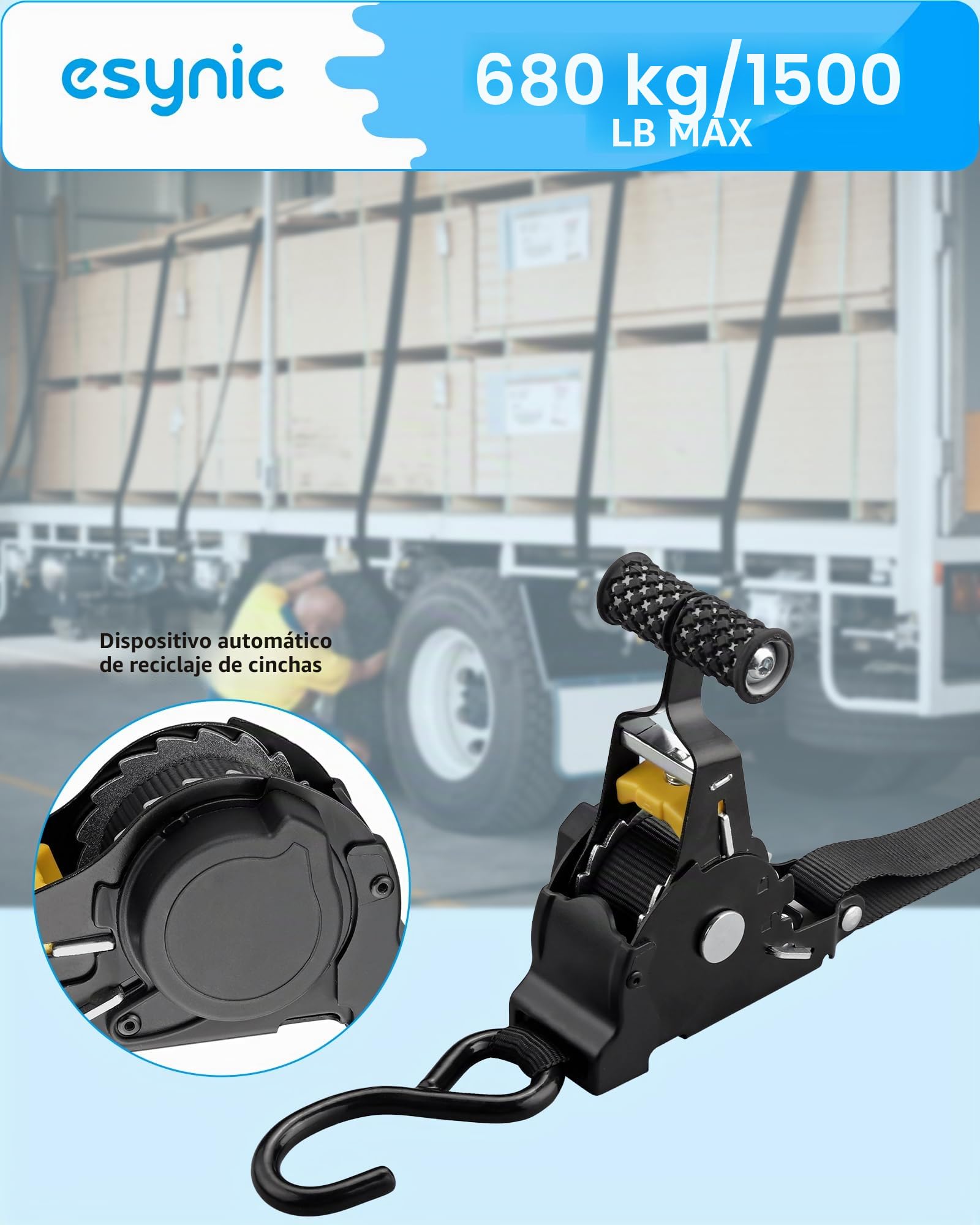eSynic Cinchas de Amarre 4PCS Correas de Trinquete Retráctiles Automáticas LC 340daN / 680daN Correas de Amarre Retráctiles de 3.3 m * 25 mm con Ganchos y Manijas para Remolque, Moto y Furgoneta