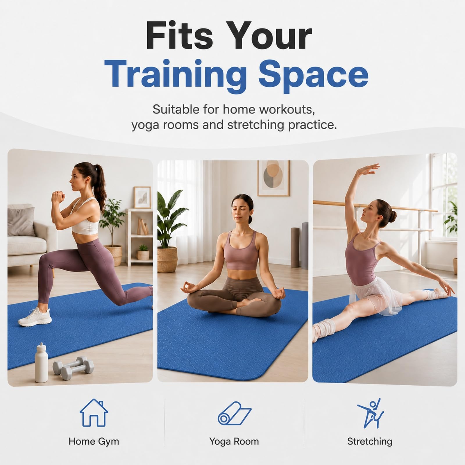 GOOGO Materassino yoga antiscivolo spesso, 183×61 cm, tappetino fitness in gomma TPE per yoga, pilates, stretching, home training e ginnastica (blu scuro)
