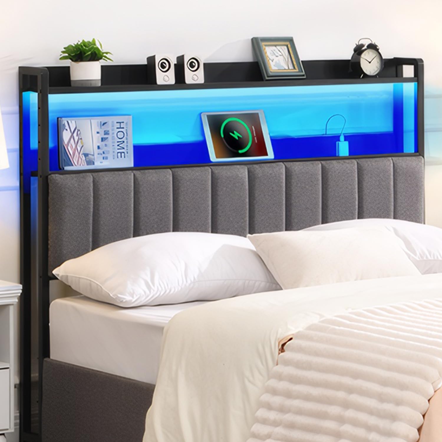 anwickjeff Headboard for Queen Size Bed with 2-Tier Storage, Upholstered Headboards with Outlets, USB Ports and LED Light,Head Board Only, Height
