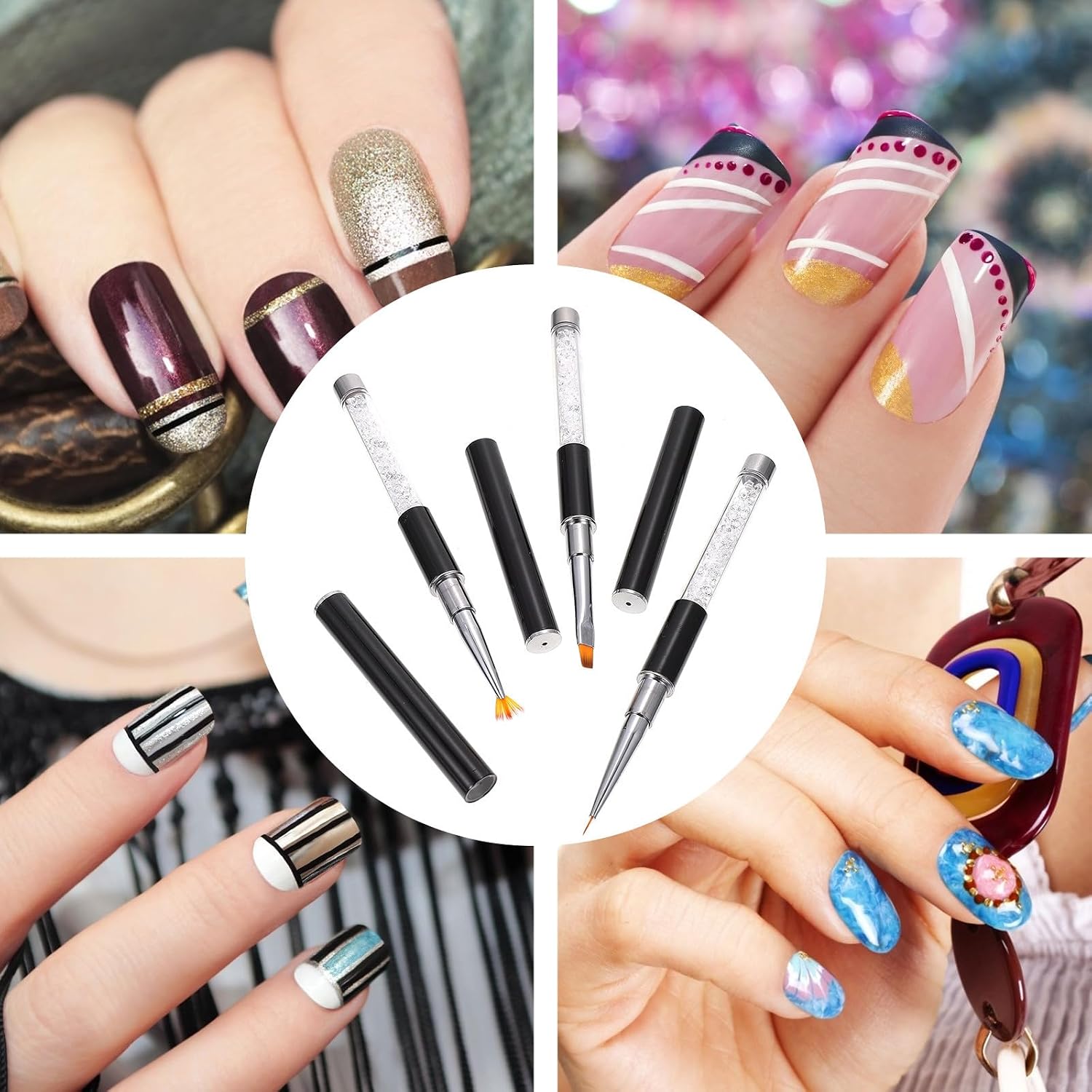 3pcs Black Acrylic Nail Art Brush Set with Fiber and Aluminum Handles | DIY Manicure Pen, Long Handle Design, Easy to Use Starter Tool