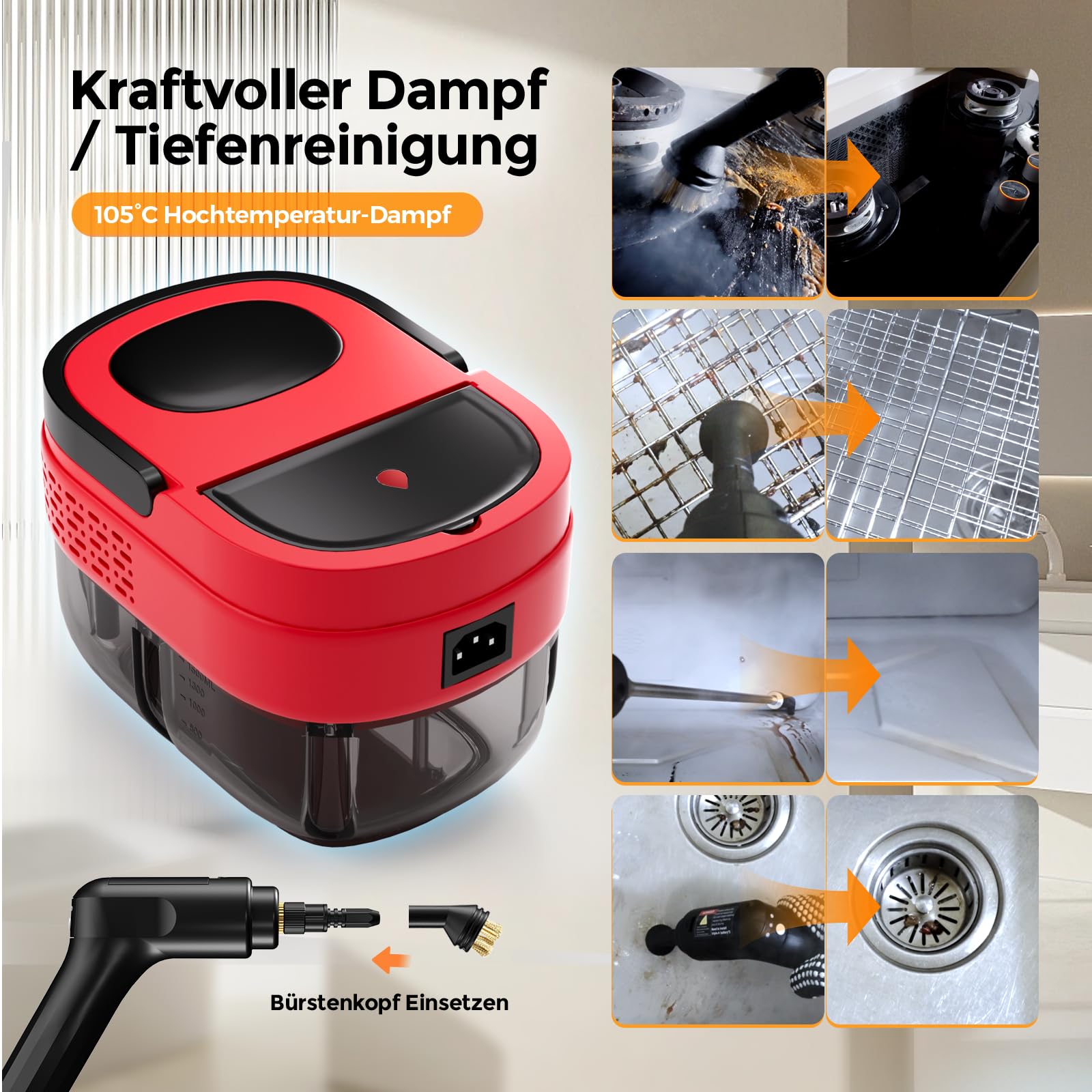Dampfreiniger für Haushalt, 3-stufig verstellbarer Griff, 1,6L Wassertank | 15s Aufheizzeit, 3 BAR Hochdruckdampf, Steam Cleaner mit 15 Zubehörteilen, Dampfreiniger Handgerät für Küche, Boden, Bad