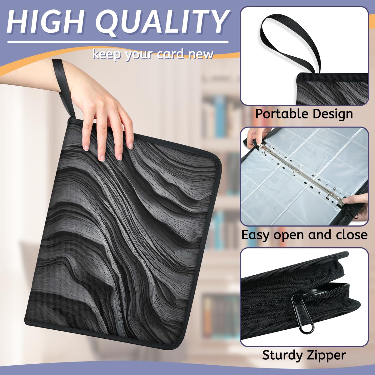 Raccoglitore per carte con 9 tasche, 900 tasche, con chiusura a cerniera (colore nero)