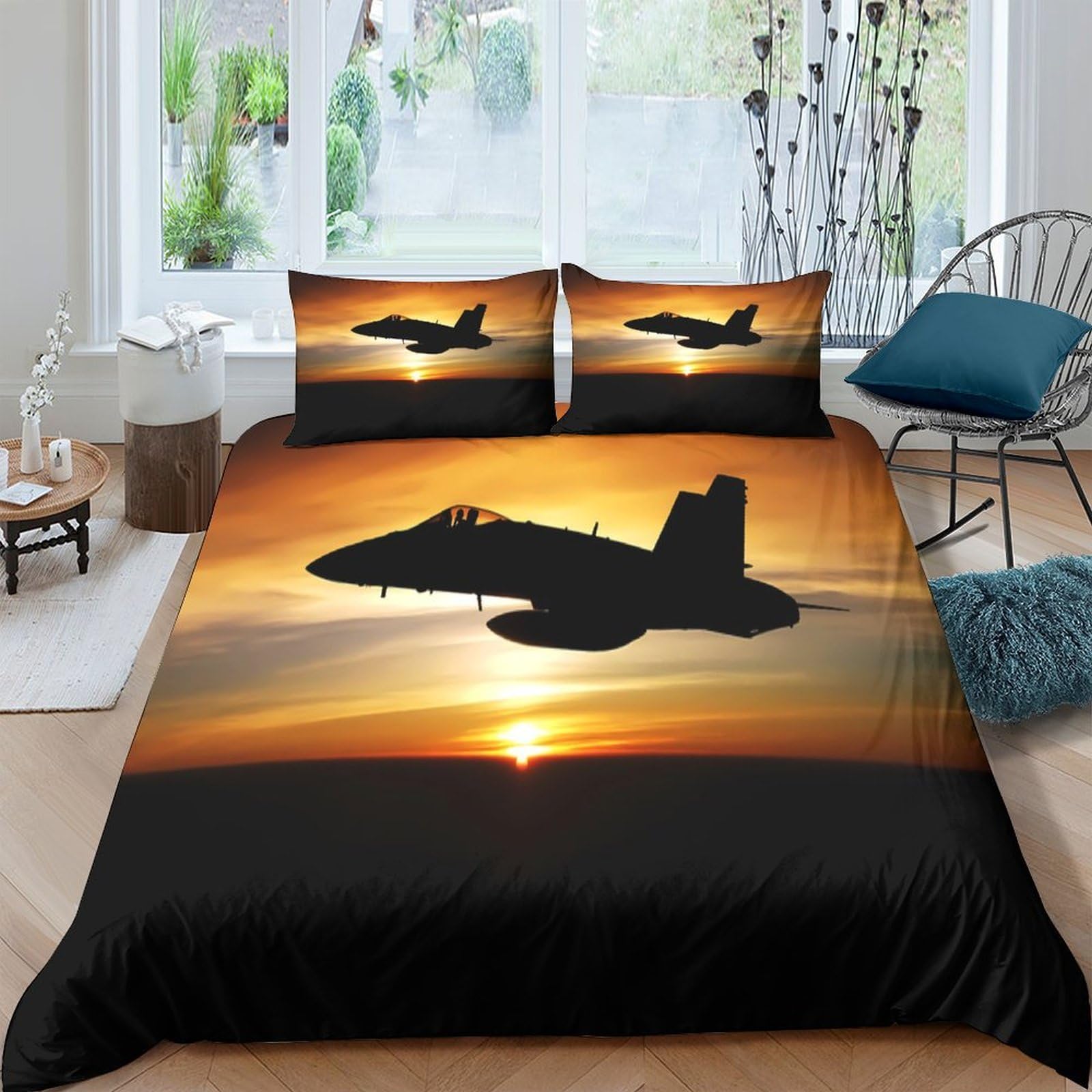 GPLZQXKJNH 3D Printed Sunset Fighter Jet Duvet Cover Microfiber Soft Breathable Aircraft Bedding Set with 2 Pillowcases for Bedroom Decor Single（135x200cm）