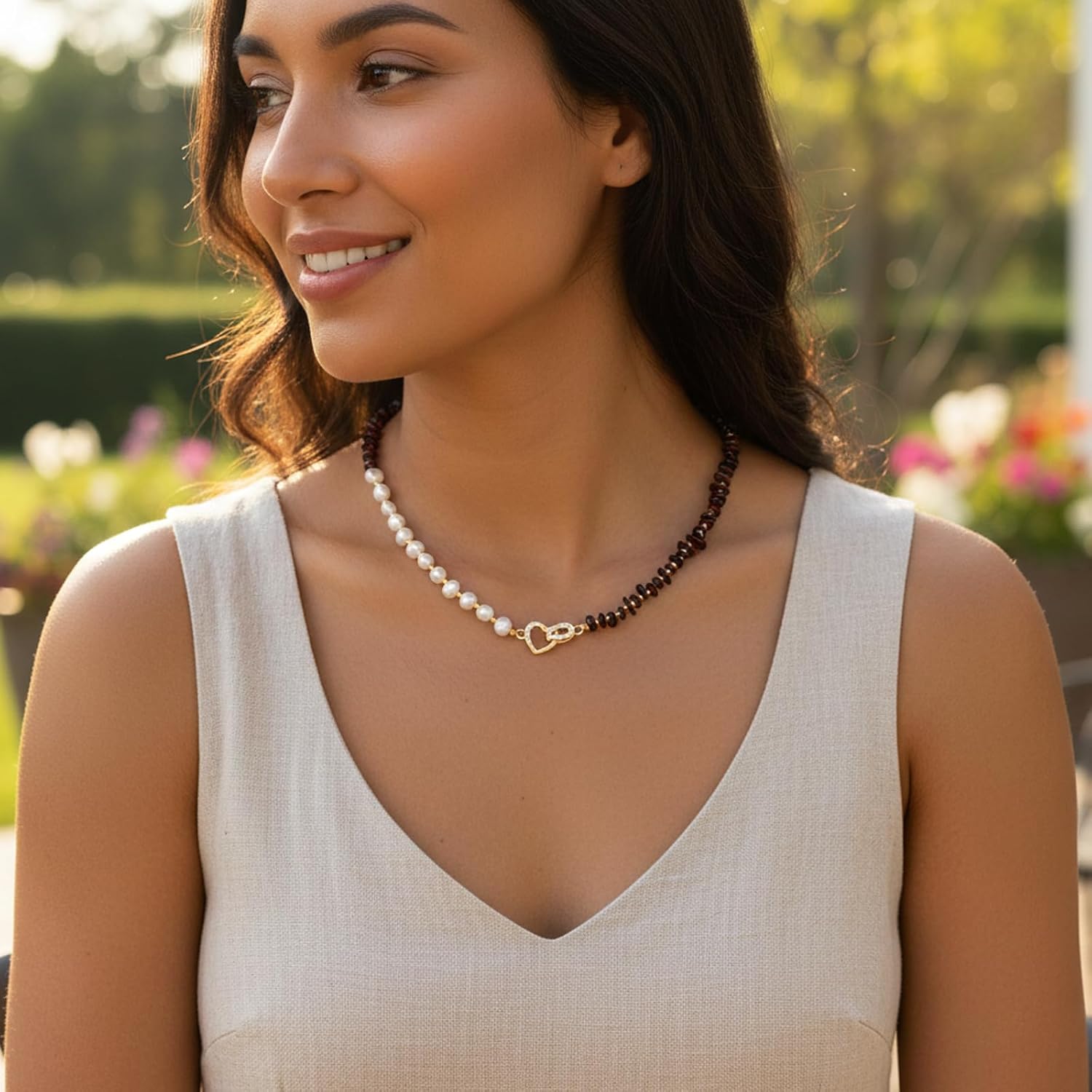 Natural Freshwater Pearl & Red Garnet Necklace - 18K Gold Plated Interlocking Heart Clasp - Asymmetrical Beaded Gemstone Choker Jewelry Gift for Women - 18 Inch (45cm) - Image 2