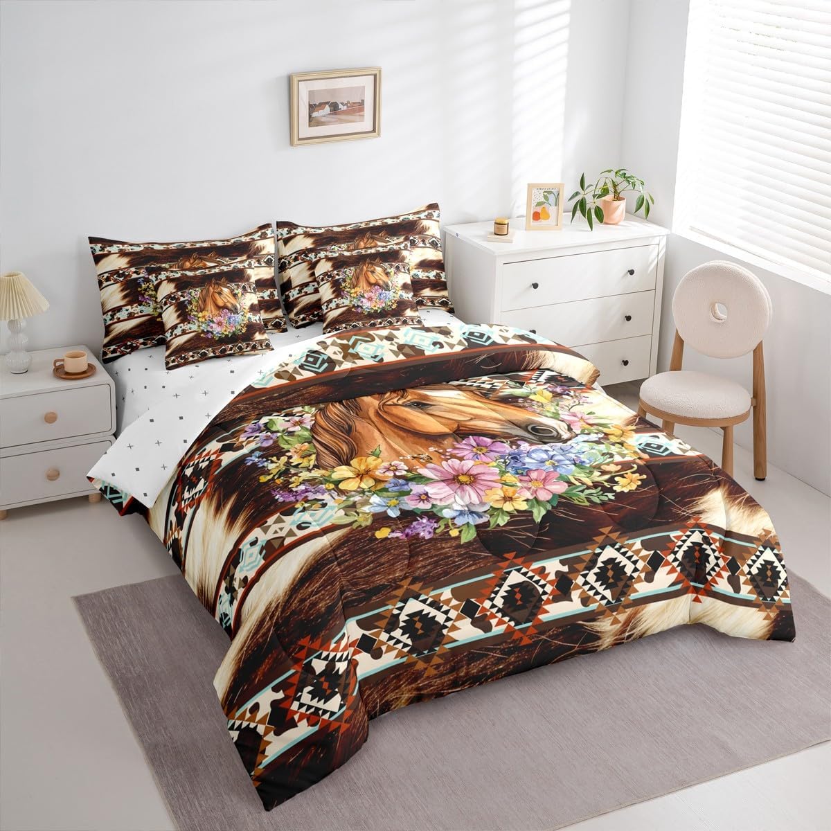Feelyou Horse Comforter Set Queen Size 7 Pieces Western Aztec Bedding Set Boho Rustic Farmhouse Bed in a Bag with Comforter, Sheets, Pillowcases, Cushion Covers Cowhide Cow Print Retro Fur Quilted