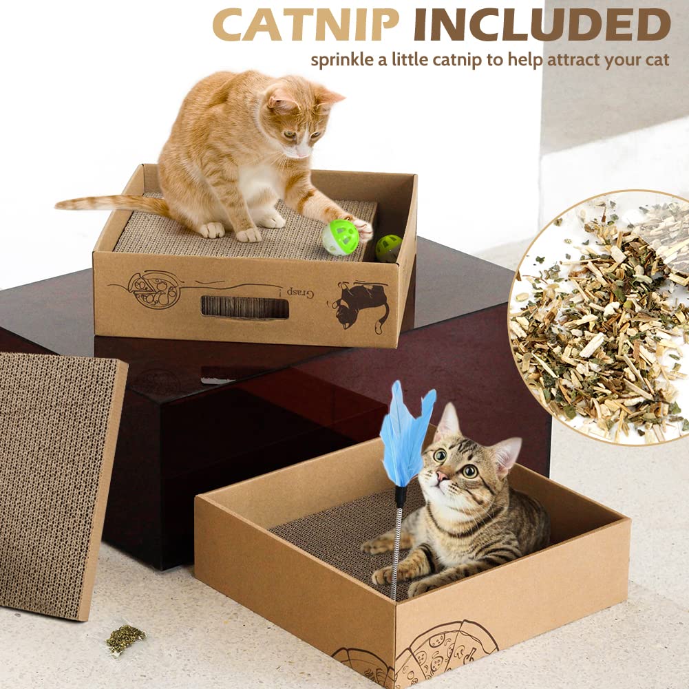 2 Pack Cat Scratcher Box with 3 PCS Scratching Pads, Reversible Corrugated Cardboard Lounge Bed with Feather Toy and Balls Recyclable Cat Scratcher Cardboard for Indoor Cats 4