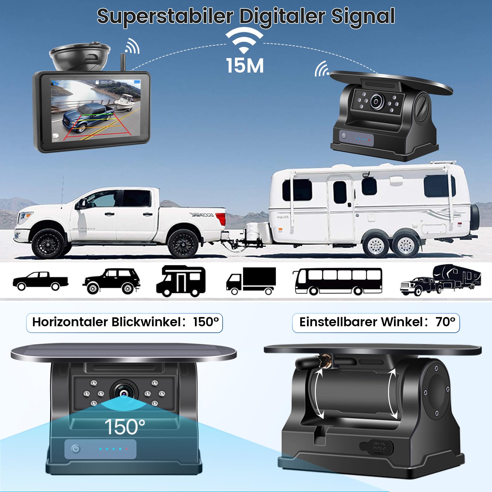Solar Rückfahrkamera Kabellos mit 5" 1080P Touchscreen Monitor: 9600mAh Akku 1 Mins DIY Installation, IP69K Wasserdicht Rückfahrkameras für Auto, LKW, Van, SUV, Wohnmobil,Anhänger