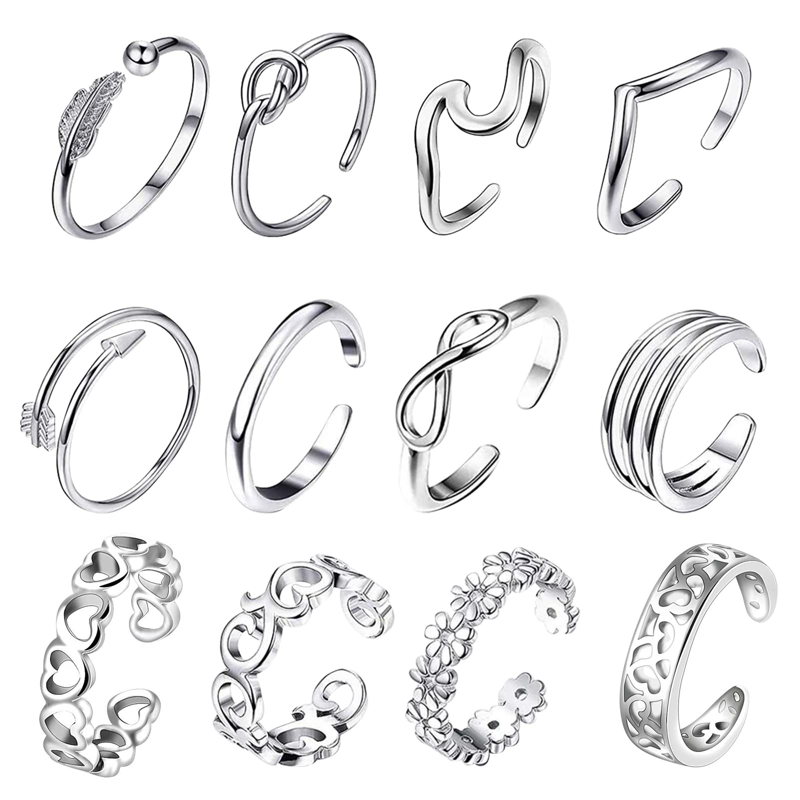 12 Pcs Adjustable Open Stackable Simple Heart Flower Arrow Toe/Thumb/Knuckle Joint Foot Rings for Women/Girls