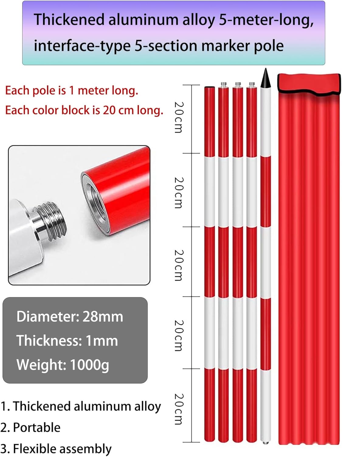 Heavy Duty Aluminum Survey Rod - 16.4ft with Red Contrast Scale Markings for Accurate Land Surveying, Road Construction, Engineering, and Water Wells,16.4ft