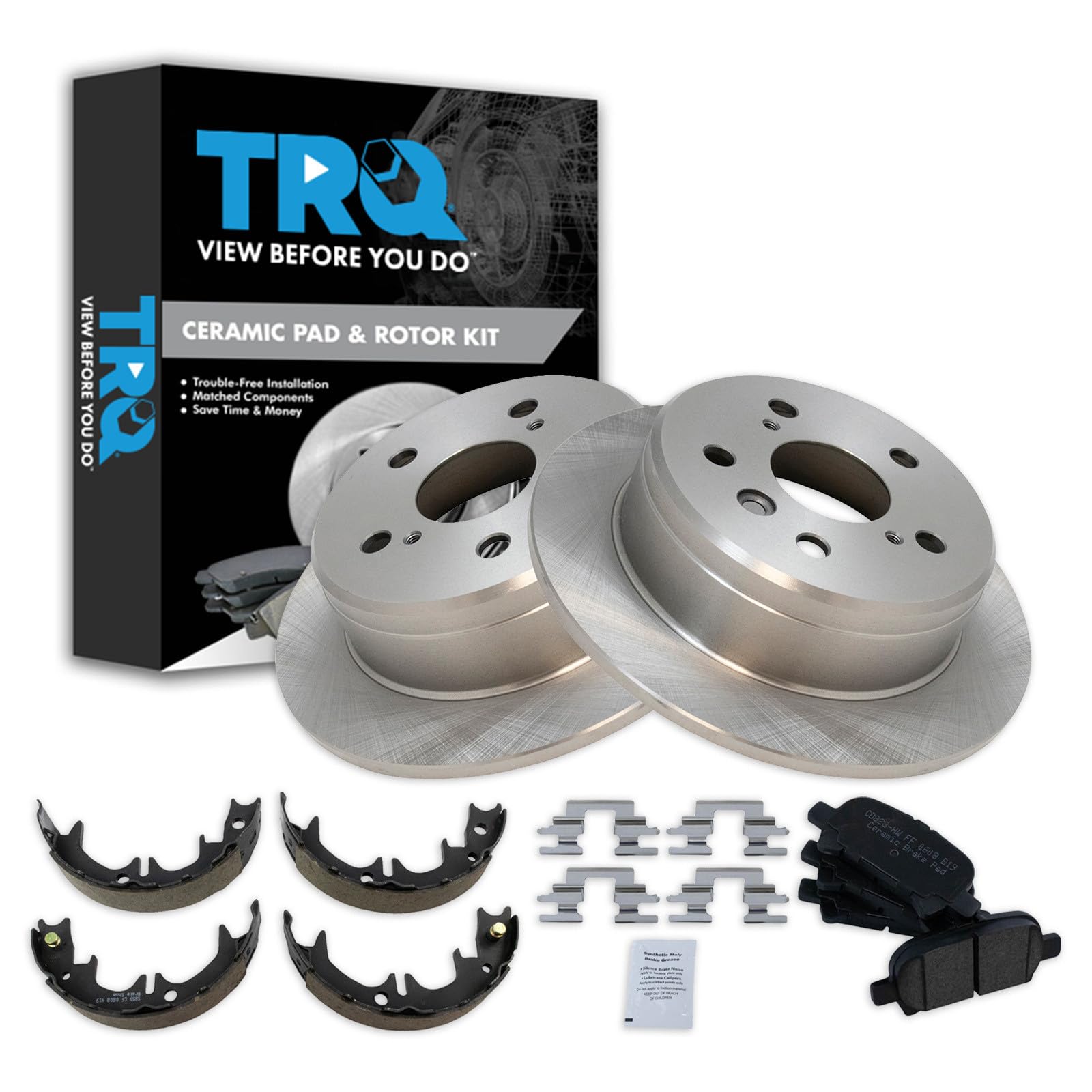 TRQ Rear Brake Pad and Rotor Set Ceramic Parking Brake Shoe Compatible with 2000-2001 Toyota Camry 1999-2003 Solara