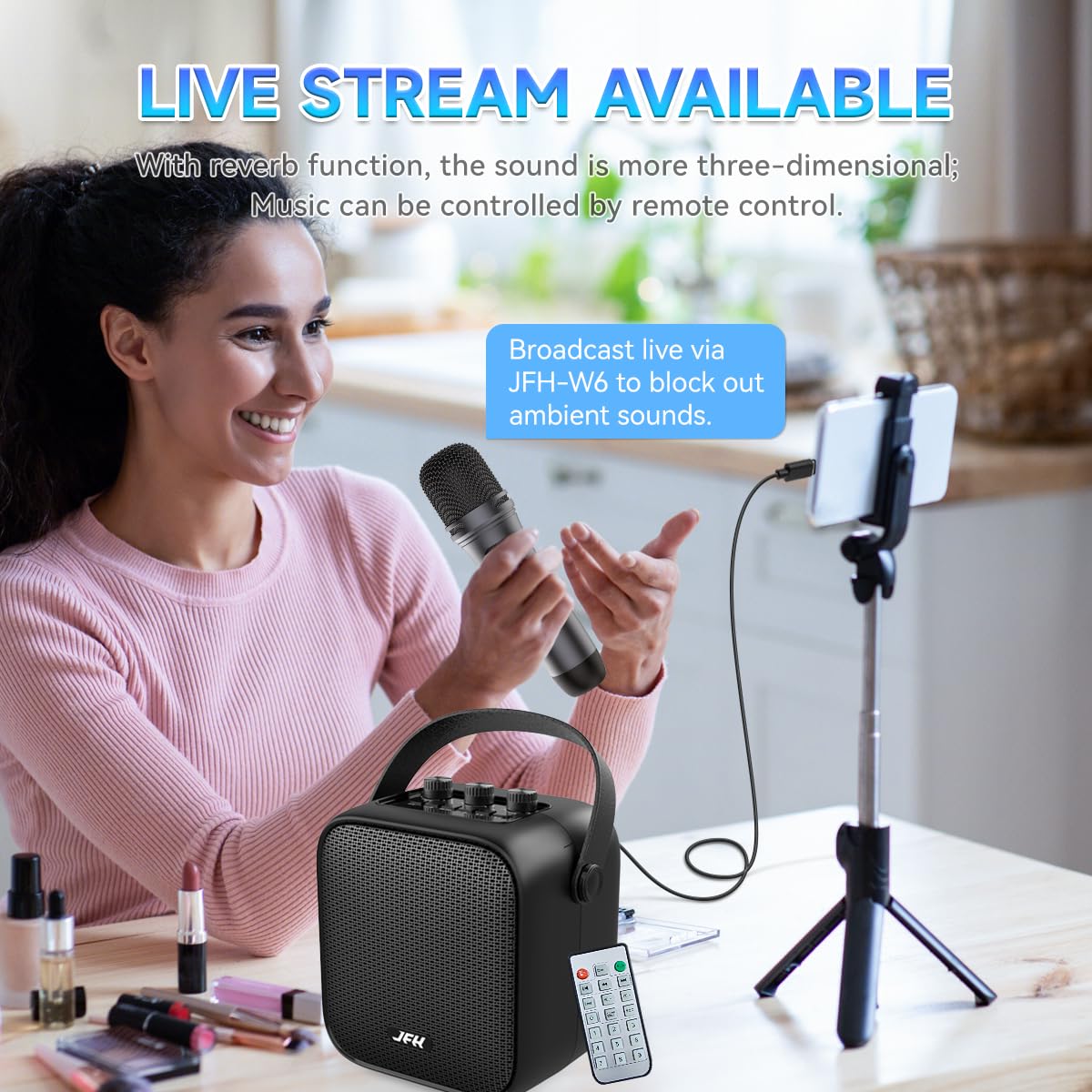 JFH Portable Bluetooth Speaker with Wireless Microphone,80W Peak Speaker with Remote, Bluetooth 5.3 Outdoor Speakers, Wireless Stereo Pairing, Portable Speaker for Party,Home,Travel 3