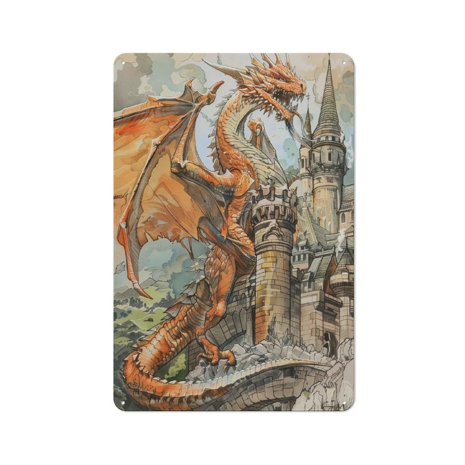 Vintage Metal Sign with Colored Sketch Dragon Design 30x20cm, Vintage Bar Wall Plaque for Cafe, Pub, Workshop Or Home Bar
