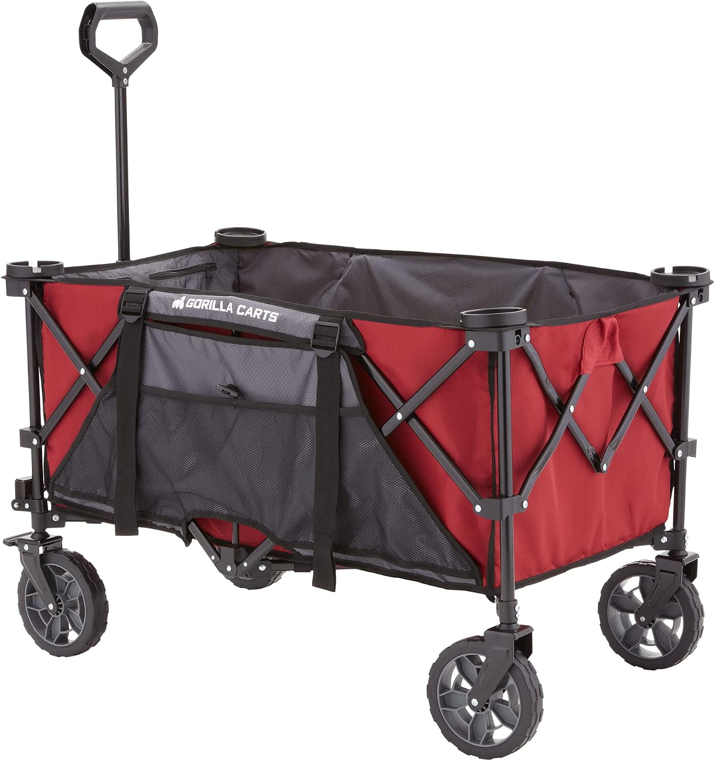 Gorilla Carts 7 Cubic Feet Foldable Collapsible Durable All Terrain Utility Pull Beach Wagon with Oversized Bed and Built in Cup Holders, Red