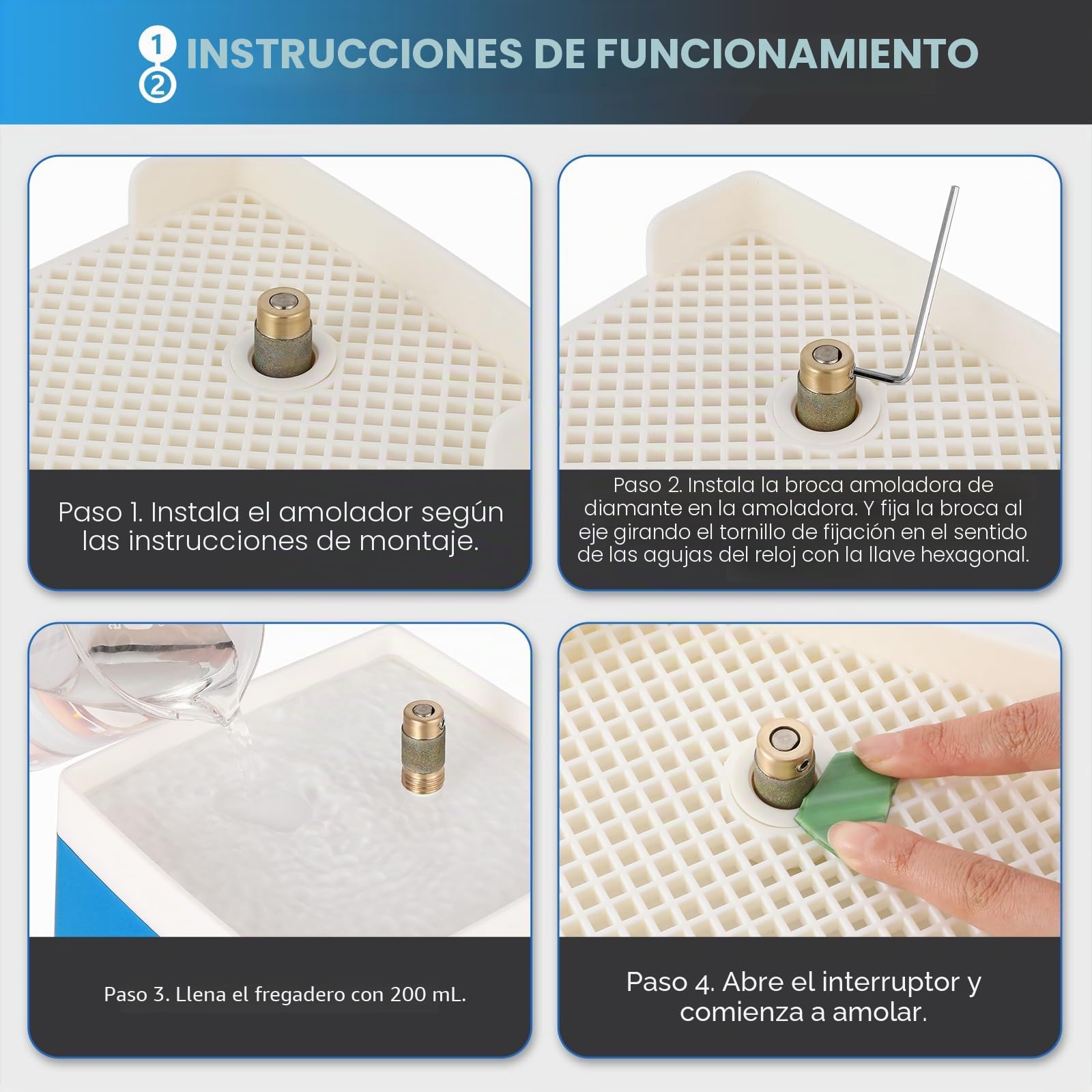 Mxmoonant Amoladora vidrieras 4200 RPM, brocas 5/8" y 1" | deflector, gafas seguridad, kit mini DIY para mosaicos, cerámica y vidrio (Azul)
