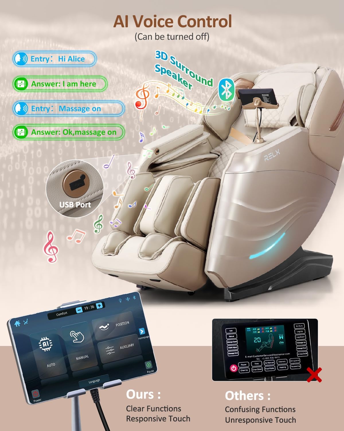 RELX Massage Chair Full Body, 20 Modes Zero Gravity SL-Track Shiatsu Massage Chair Built-in Heat System, Airbag Massage with Body Scan, Deep Yoga Stretch, Calfrest Extension and AI Control(Cream)