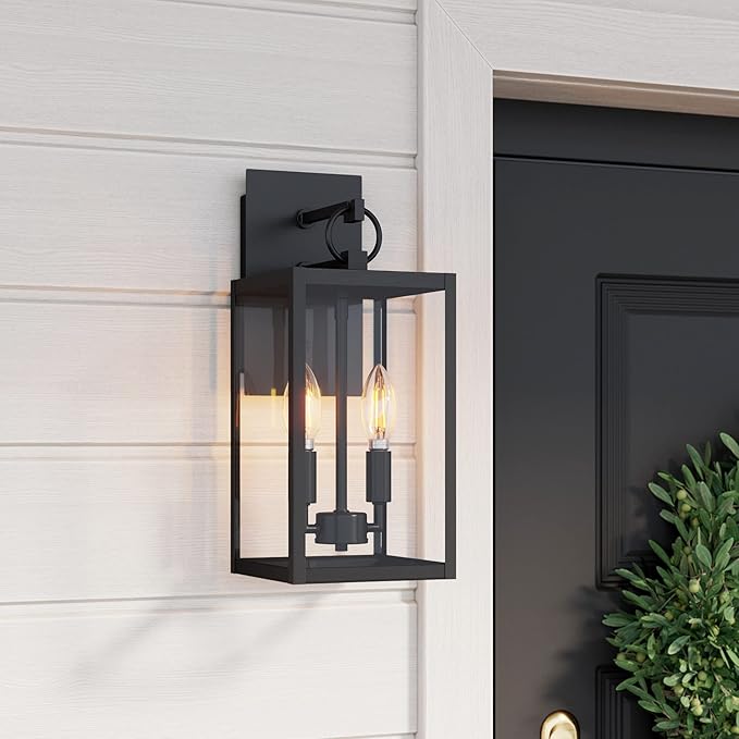 Nathan James Ferris Outdoor Black Wall Sconce Light Fixture, Porch Lantern for Exterior with Iron Frame and Clear Glass Shade, Black/Clear
