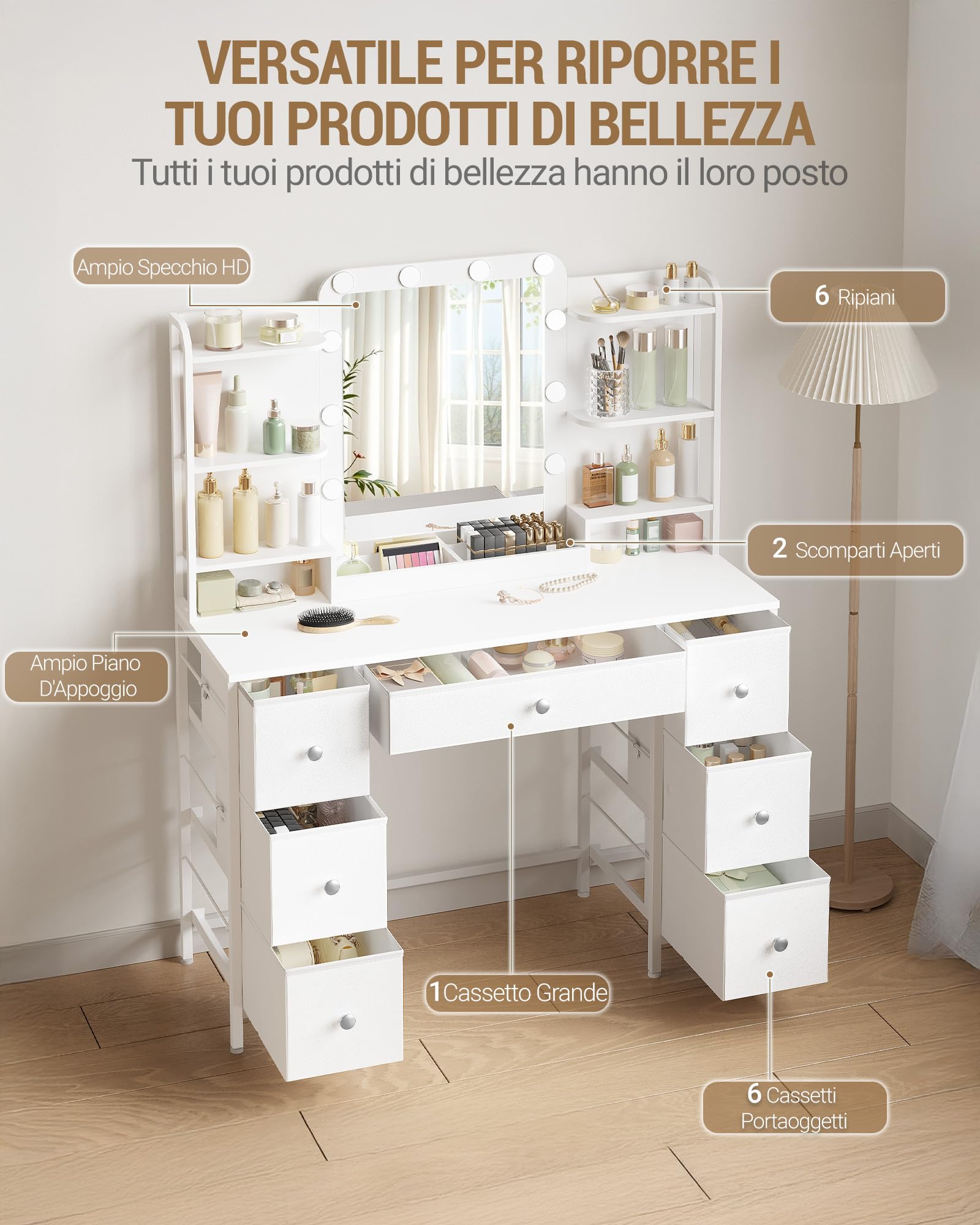 Hzuaneri Toeletta da Trucco con Illuminazione a LED, Toeletta con grande specchio HD, Tavolo da Trucco con 7 Cassetti e 6 ripiani portaoggetti, 40 x 108 x 142 cm, Bianco DT42303XEU