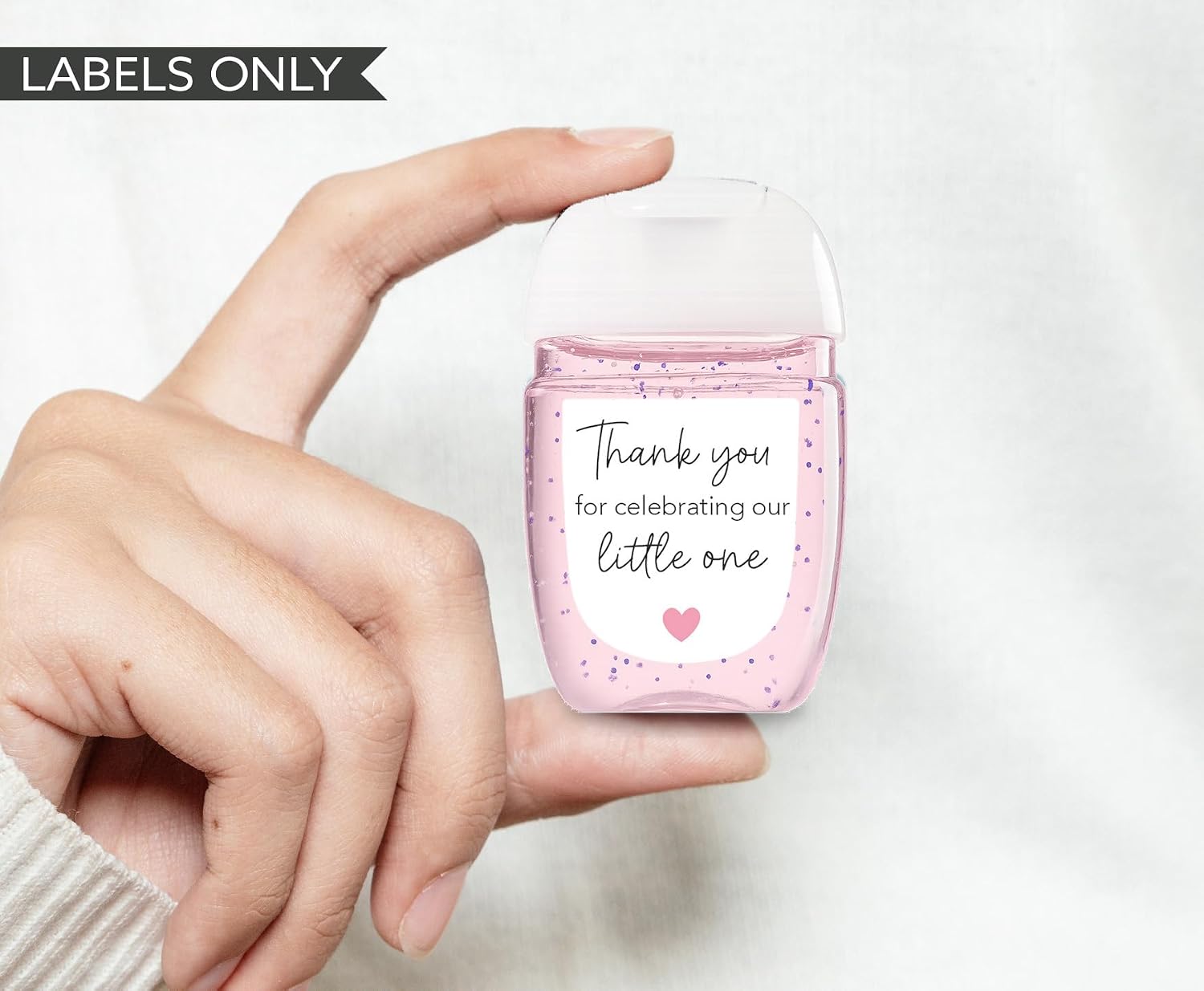 60 Pack 1 oz Mini Hand Sanitizer Labels Pink Girl Baby Shower – Thank You for Celebrating Our Little One Favor Stickers, High Gloss Waterproof Minimalist Little Heart Birthday Party Favors S202-61 image 4
