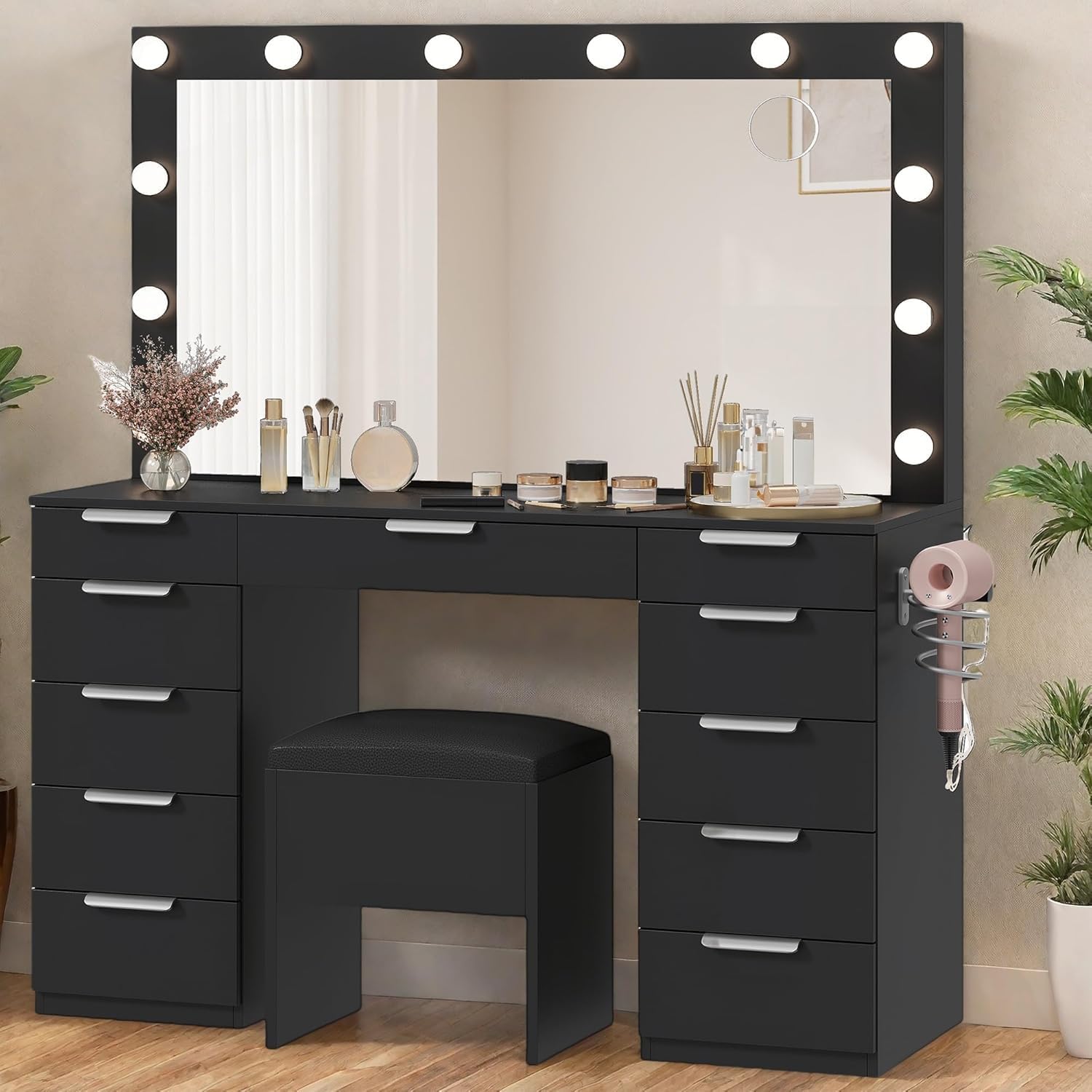 DWVO Vanity Desk Set with Large Mirror & 3-Color Light Bulbs, Wide Top Makeup Vanity with Charging Station, 11 Drawers, and Storage Bench