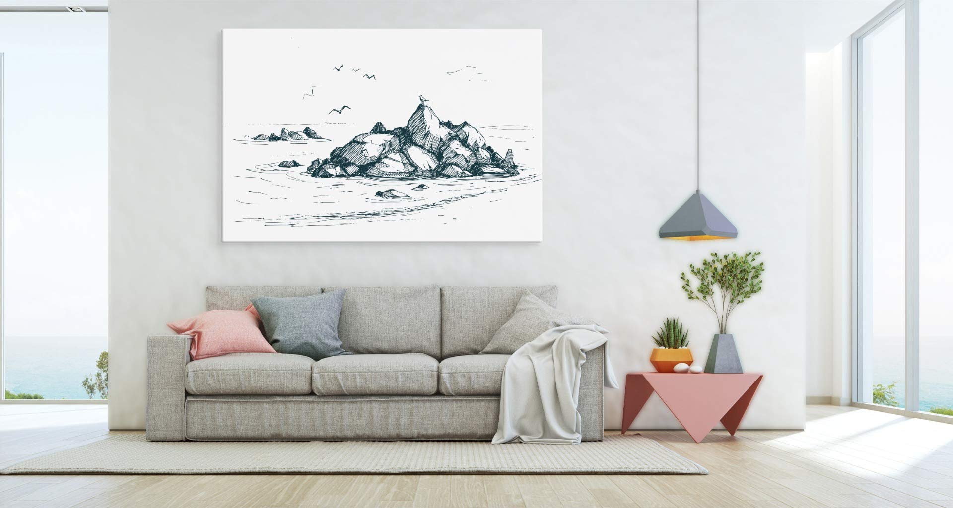 Muurdecoratie, strand, zee, 1 stuk, modern, niet-geweven stof, woonkamer, panorama, beige, blauw, 607312b