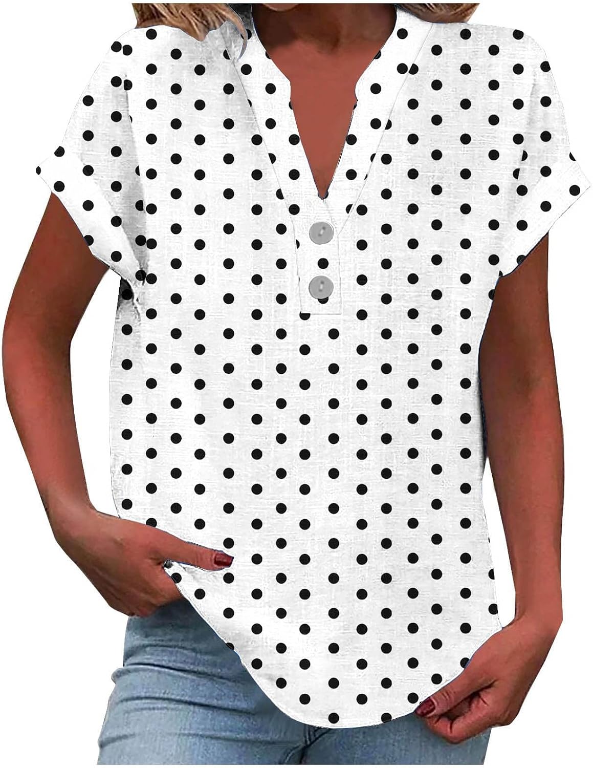 Womens Summer Tops Short Sleeve Shirts Loose Shirts Cotton Linen Work Blouses Henley V Neck Polk Dot Print Clothes