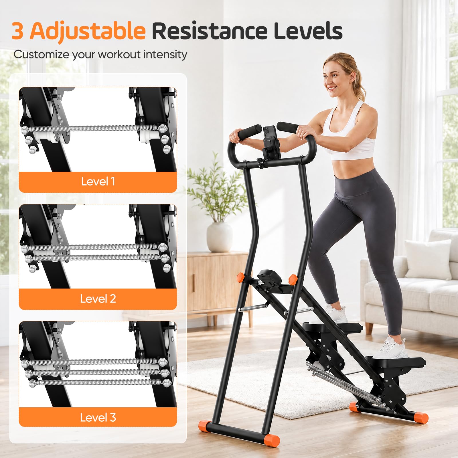 Stepper Home Fitness - Crosstrainer in metallo con LCD, 3 livelli di resistenza | Supporto per telefono, regolabile in altezza, portatile, per fitness, fino a 150 kg, nero