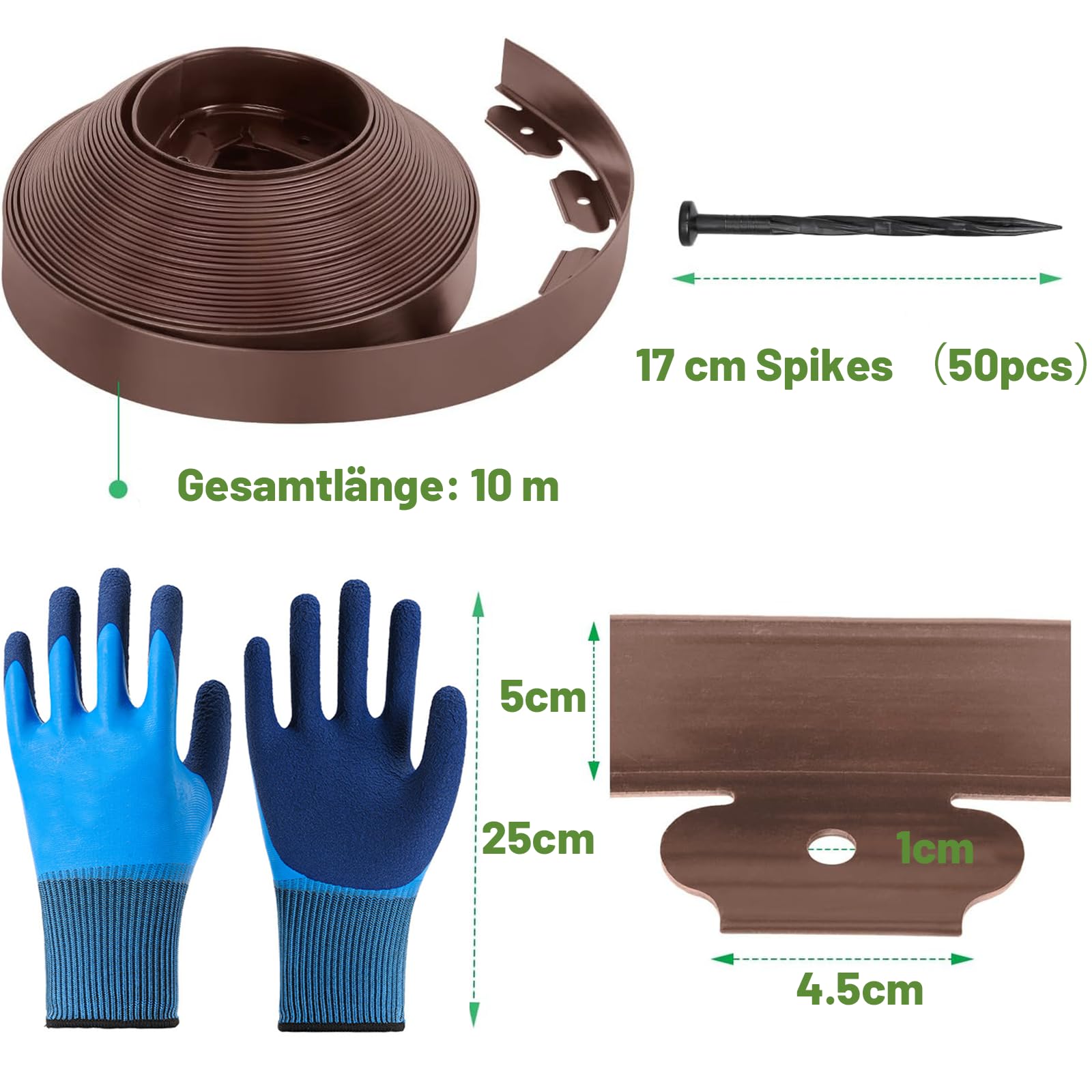 Borde flexible para césped de plástico, con 50 anclajes de tierra, borde de bancales de plástico, longitud 10 m, altura 5 cm (10 m x 5 cm, marrón)