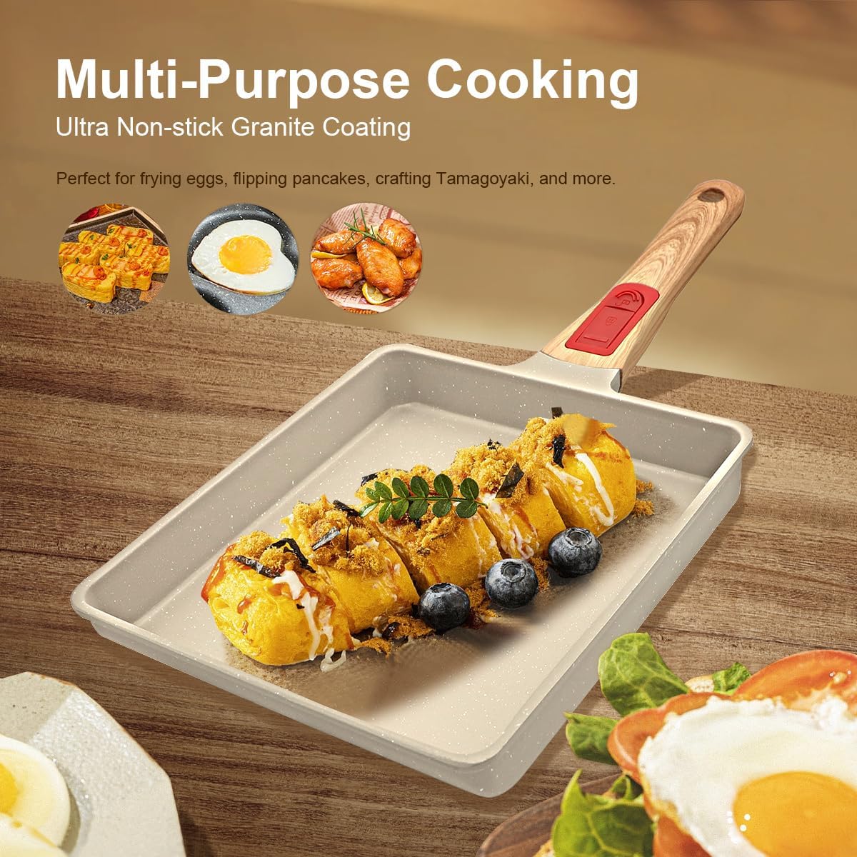 AIKENBBKK Tamagoyaki Japanese Omelette Pan, Japanese Egg Pan, Square Egg Pan Nonstick, Induction-Ready, Detachable Handle, with Silicone Spatula, PFAS & PFOA-Free, Oven Safe, White, 9" x 8.2"