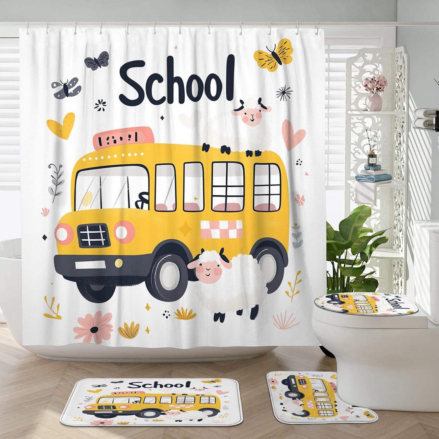 4PCS Cartoon Sheep Bathroom Accessory Sets with Non-Slip Rug, U Shape and Toilet Lid Cover Mat, Kid School Bus Bathroom Fabric Decor-72''x72''