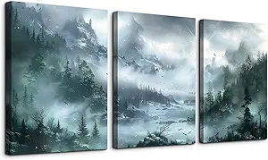 DZRWUBHS Wall Art For Living Room Canvas Wall Decor For Bedroom Office Wall Decorations Misty Forest Landscape Wall Paintings Modern Room Wall Pictures Artwork Home Decor Ready To Hang 3 Pieces