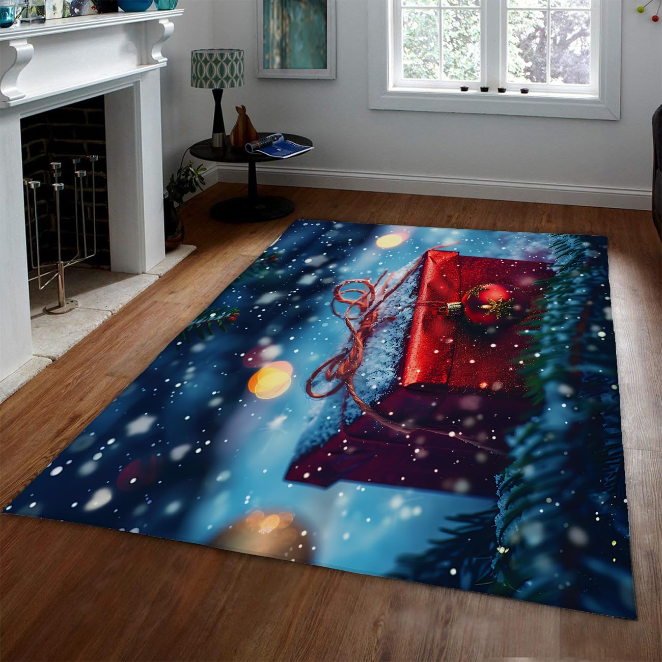 Tapis de Noël 90x120cm boîte rouge et flocons blancs à poils ras pour chambre d'enfant