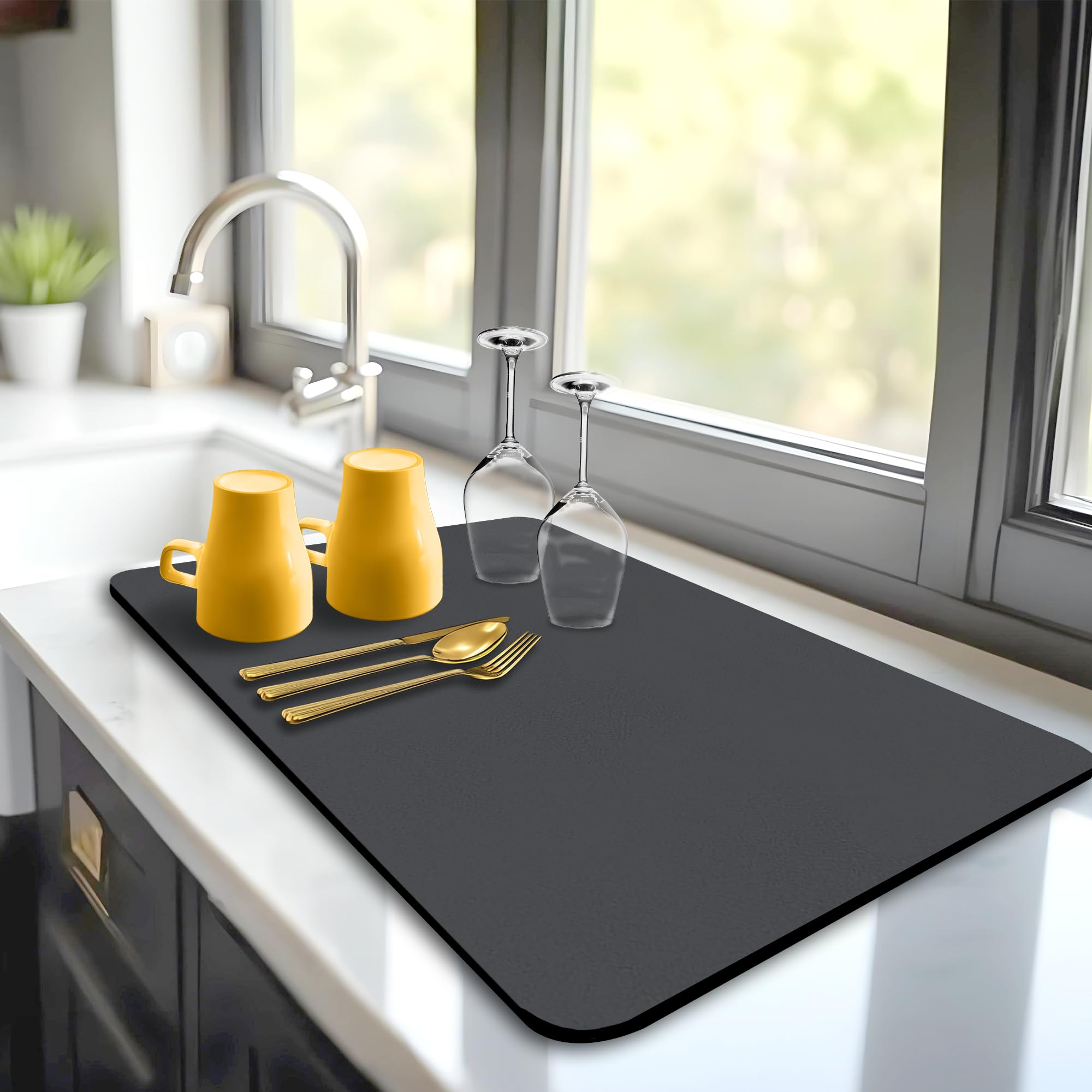 Dish Drying Mat Super Absorbent – 16” x 24” Coffee Mat for Countertops – Non-Slip Drying Mat for Kitchen Counter – Easy to Clean Water Absorbent Mat – Large Dish Drying Mats (Classic Grey)