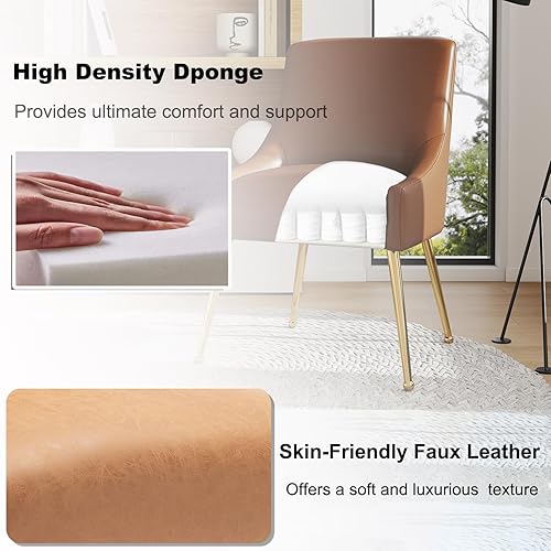 Miniatura 4 de Juego de 2 sillas de comedor de imitación de cuero con patas de metal, sillas de tocador de mediados del siglo XX, tapizadas en cuero PU de lujo,