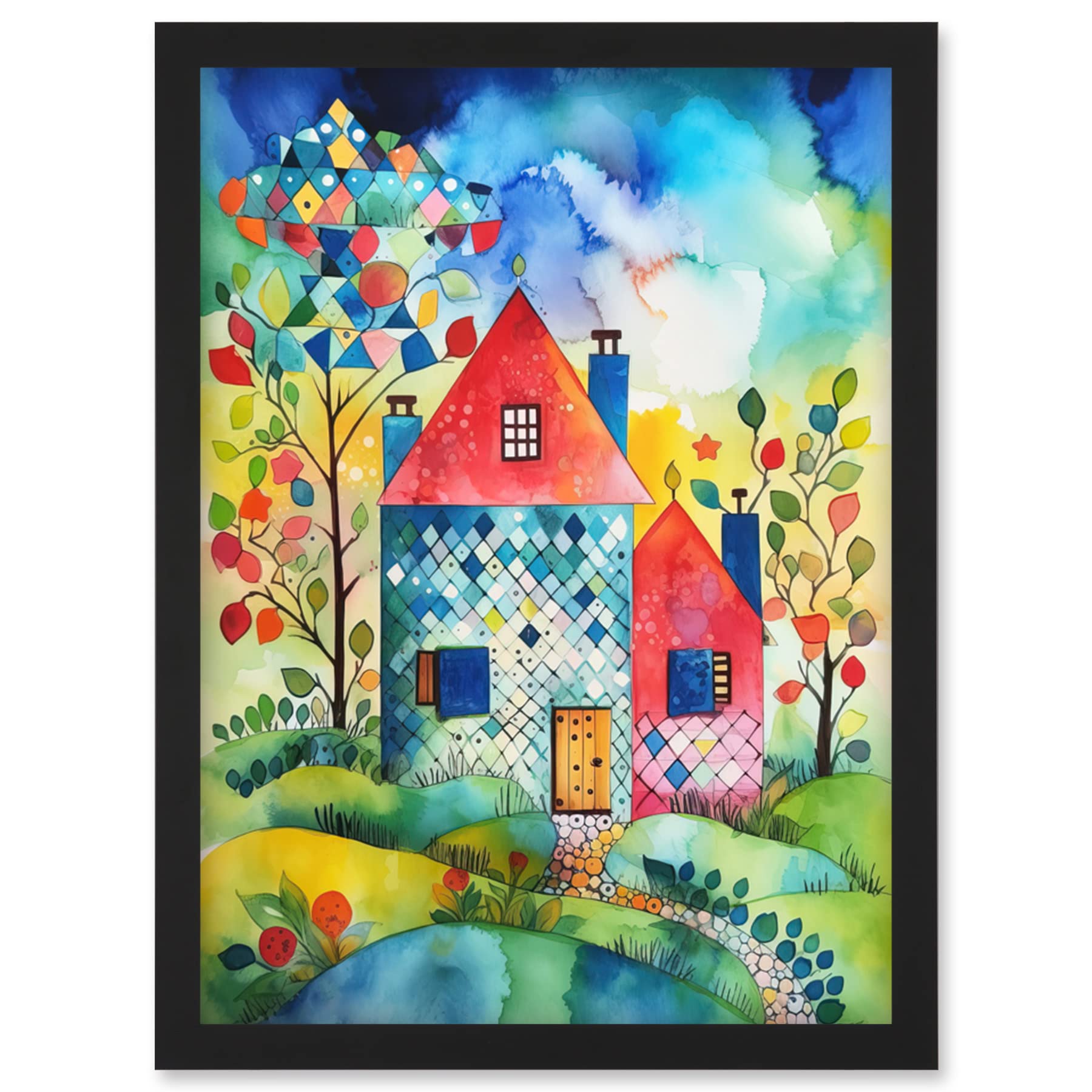 Farmhouse In The Flowers Modern Folk Art Framed Wall Art Picture Print A4
