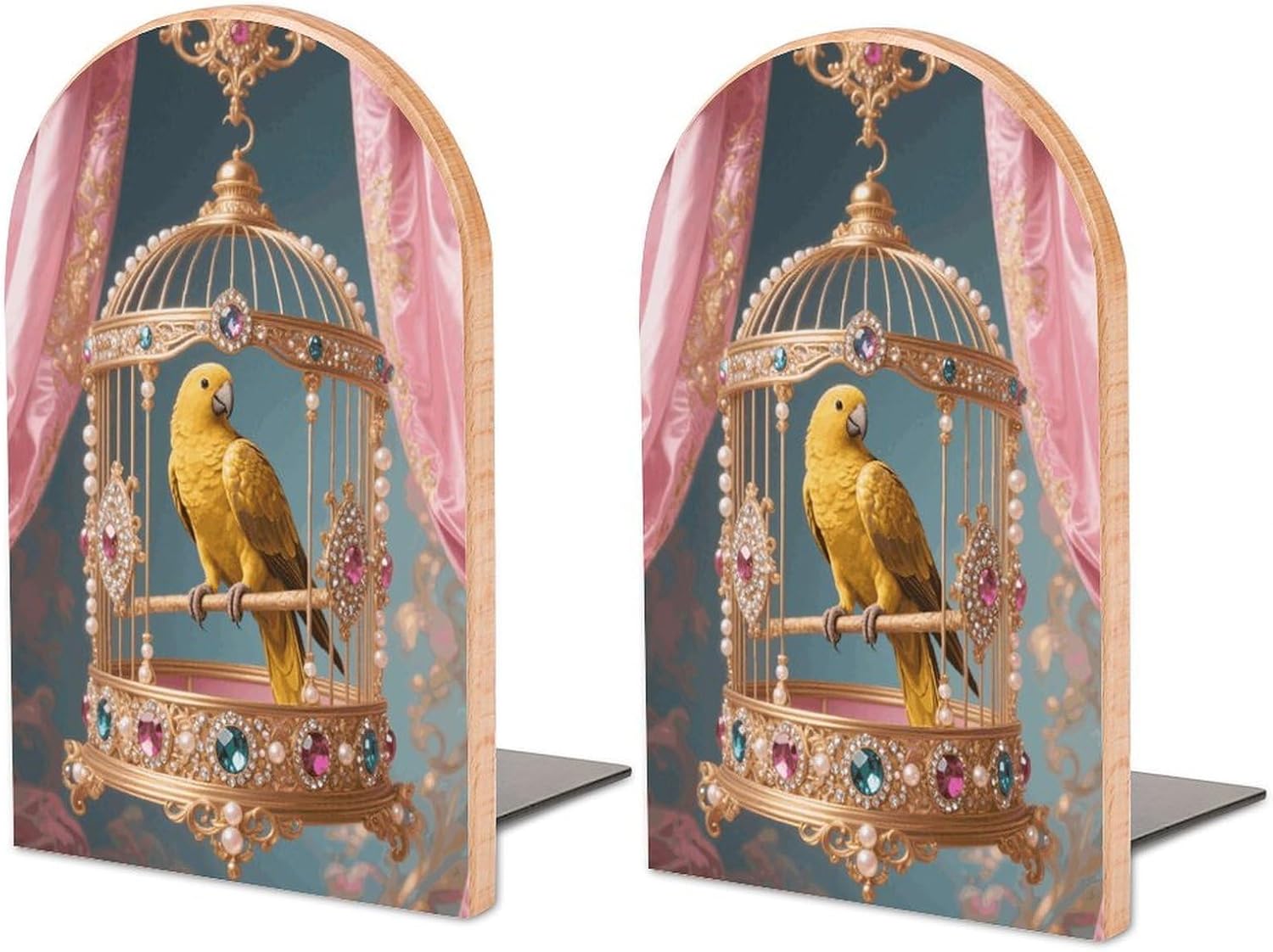 Golden Parrot in Cage Heavy Duty Wooden Bookend Non-Slip Book Ends