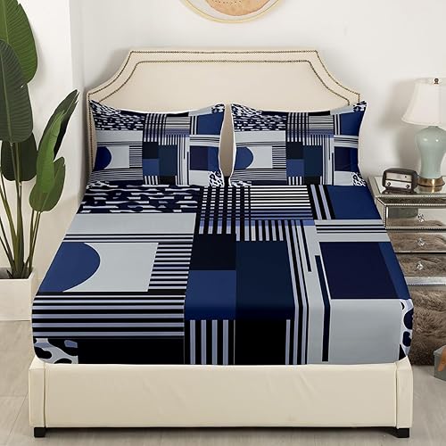Miniatura 3 de Manfei Juego de sábanas geométricas tamaño matrimonial, juego de sábanas de 4 piezas con estampado de leopardo y rayas azul marino con sábana bajera