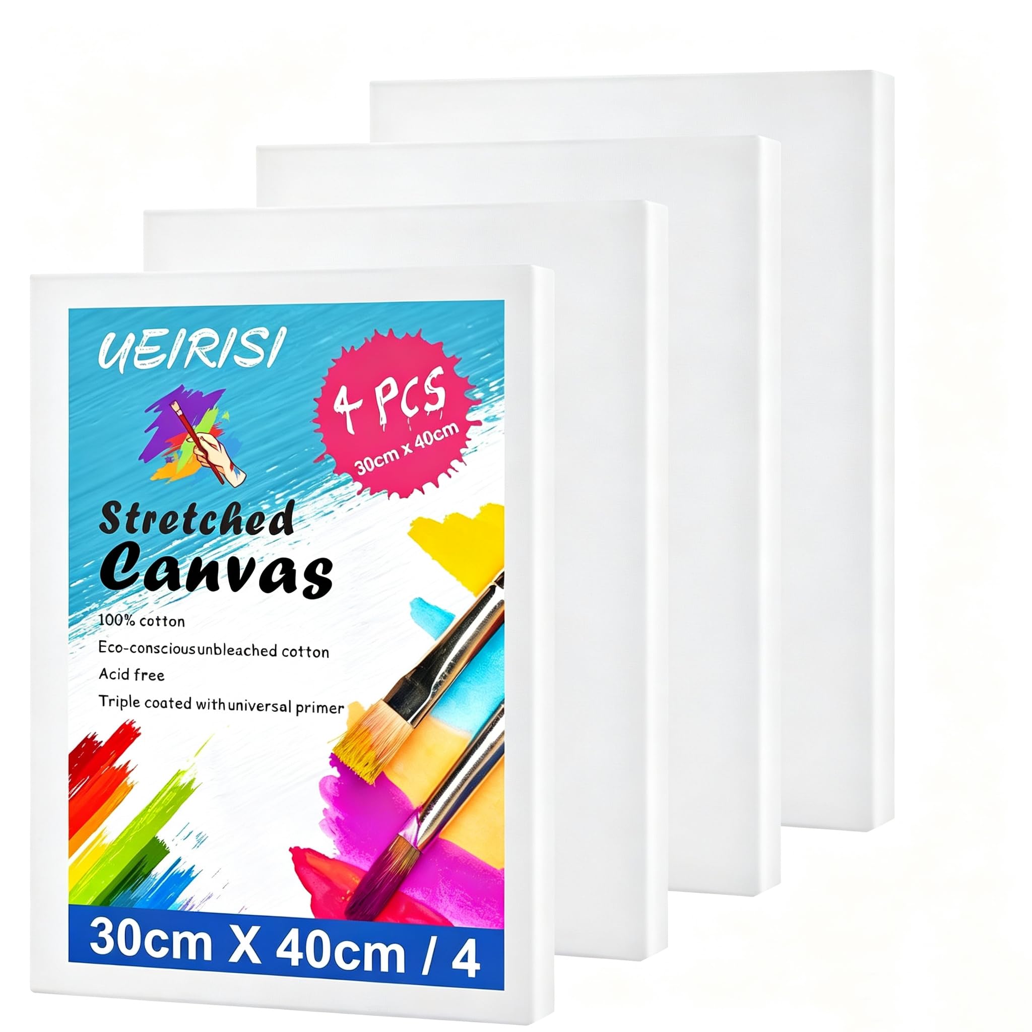 UEIRISI Stretched Canvas for Painting, 4 Pack 30x40cm A3 Canvas Set, 280GSM Acid Free Triple Primed Blank Canvas for Acrylic, Oil & Watercolour Painting, Beginners & Artists