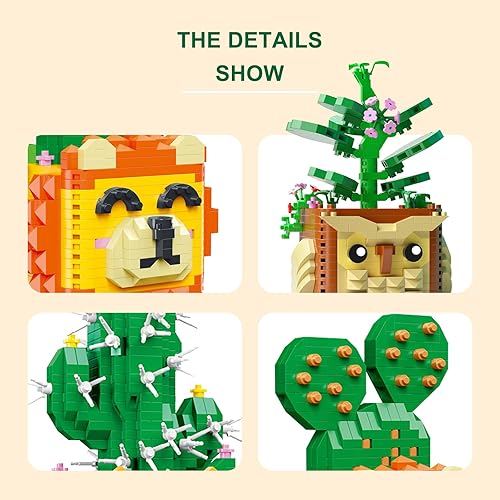 Miniatura 5 de Paquete de 3 juguetes de construcción de microladrillos, cacto rojo león, cactus y búho, orquídea de hoja de corazón, mini bloques de construcción,