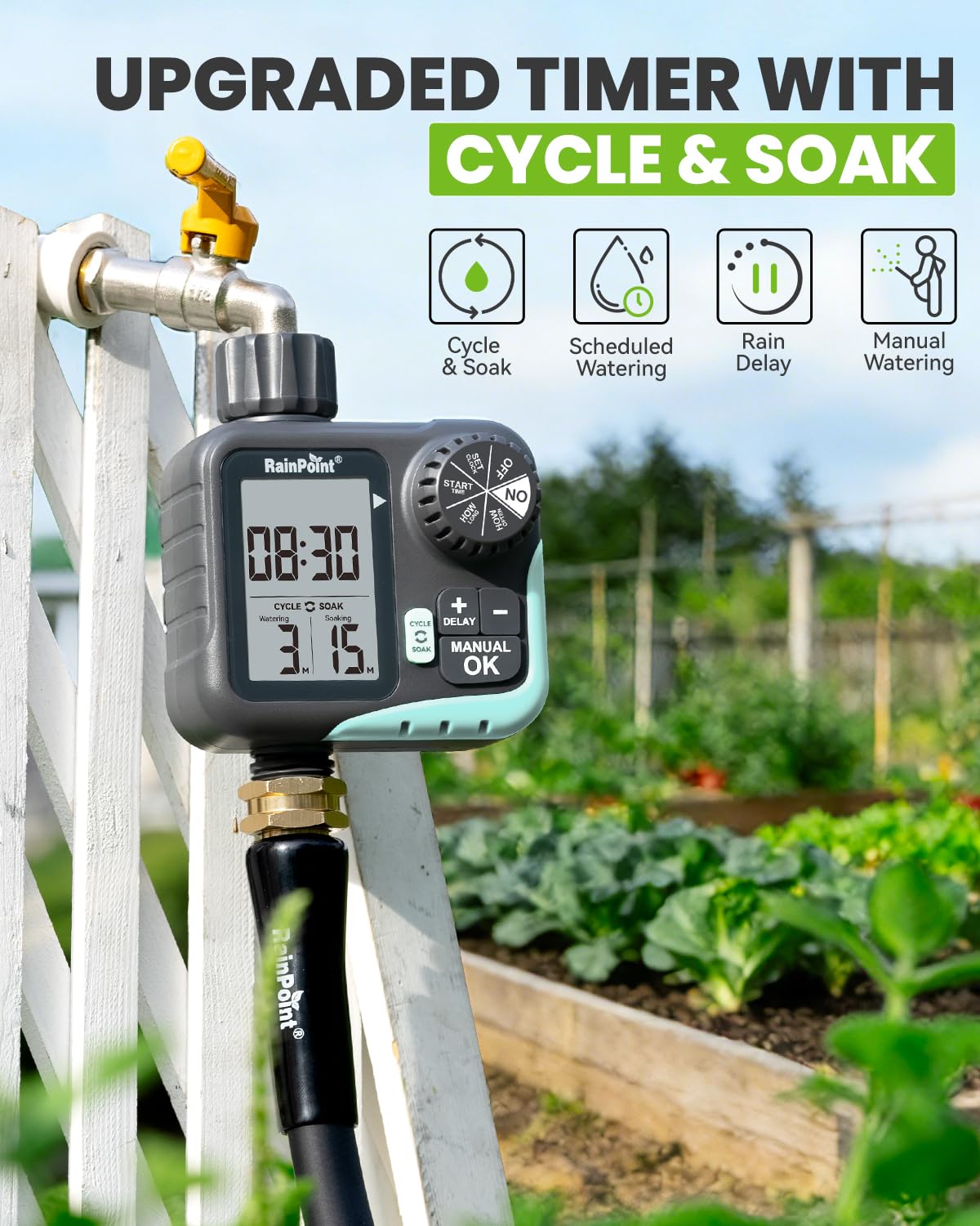 RAINPOINT Minuteur d'arrosage – Minuteur de cycle et de trempage pour tuyau d'arrosage avec arrosage automatique/arrosage manuel/retard de pluie, programmable pour système d'irrigation, pelouse, cour